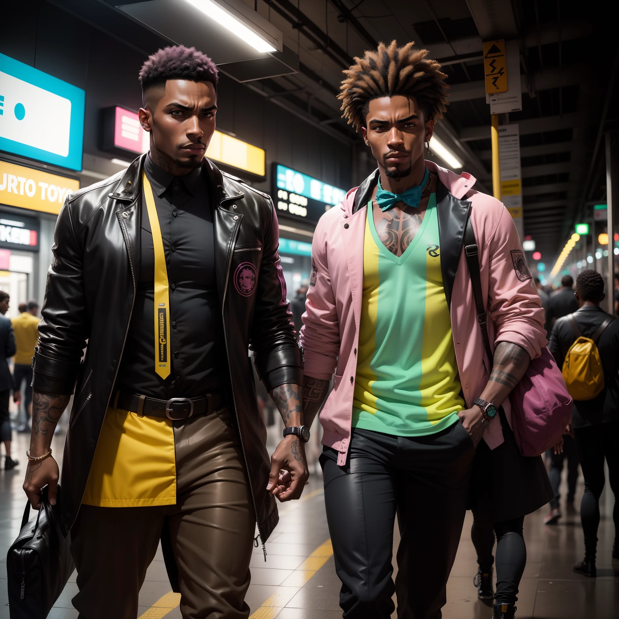 I'd like a cyberpunk style image in 4k average photo of three black characters ,50 anos de idade, africano, forte, musculoso, de pele negra ,com cabelo punk estilo anos 80 na cor amarelo e cinza escuro,muito eLegante,, futurista e estiloso neon , com uma tatuagem super colorida e com neon ,Toattoo, facing a metro station on the platform , with station lights failing in a dimly lit environment, standing dressed in a dark yellow suit with a pink bow tie and baggy shirt.