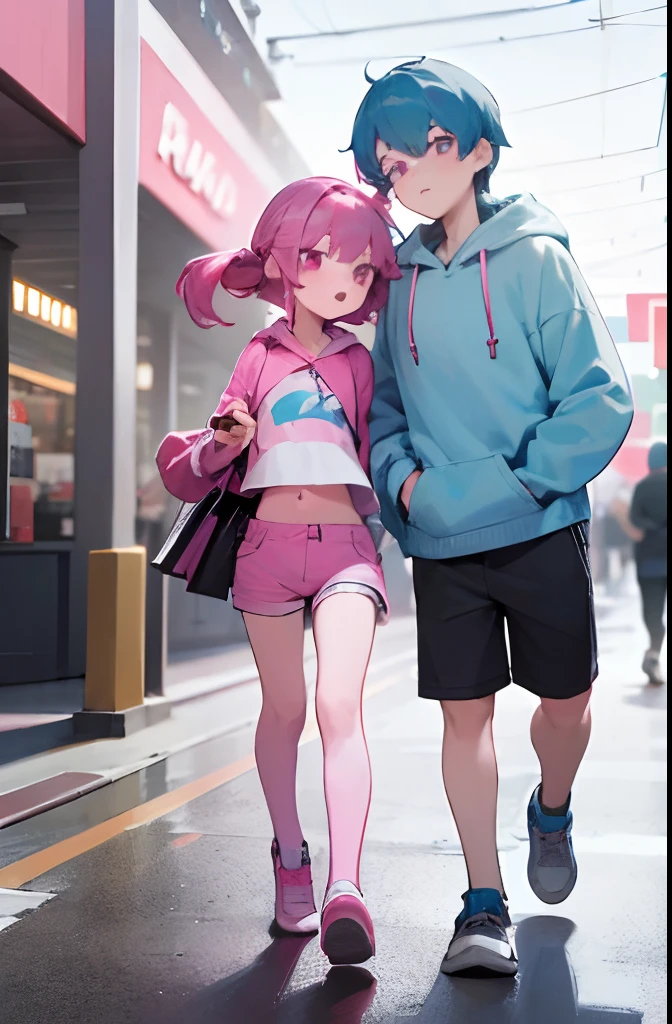 masterpiece, best quality, (expressive eyes), (perfect face), (age), (boy and girl:1.5), (brother and sister), group shot, full body, wide angle, depth of field, looking at each other, looking at viewers, {(sister, blue hair, pink crop top, dolphin shorts)}, {(brother, pink hair, blue hoodie, leggings)}, (blue and pink eye:1.2), public, mall, hetero, shopping