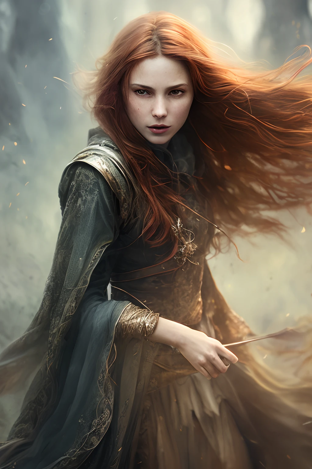 a female portrait of a hyperdetailed in the style of a dementor from harry potter and a rogue dnd character,ginger hair, (pleasant:1.3) thoughtful expression, full body, conjuring magical energy, cinematic shot on canon 5d ultra realistic skin, Fabian Perez Henry Asencio, Jeremy Mann Marc Simonetti fantasy magical horror atmosphere, (highly detailed environment:1.3)