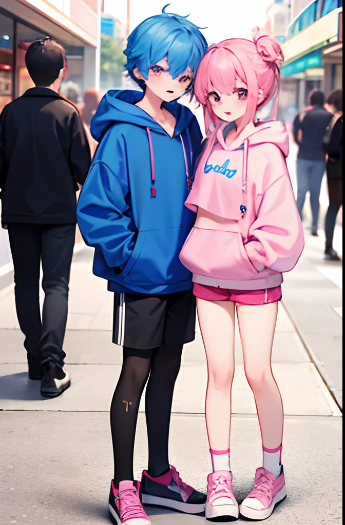 masterpiece, best quality, (expressive eyes), (perfect face), (teenage), (boy and girl:1.5), (brother and sister), group shot, full body, wide angle, depth of field, looking at each other, looking at viewers, {(sister, blue hair, pink crop top, shorts)}, {(brother, pink hair, blue hoodie, leggings)}, (blue and pink eye:1.2), public, mall, hetero, shopping