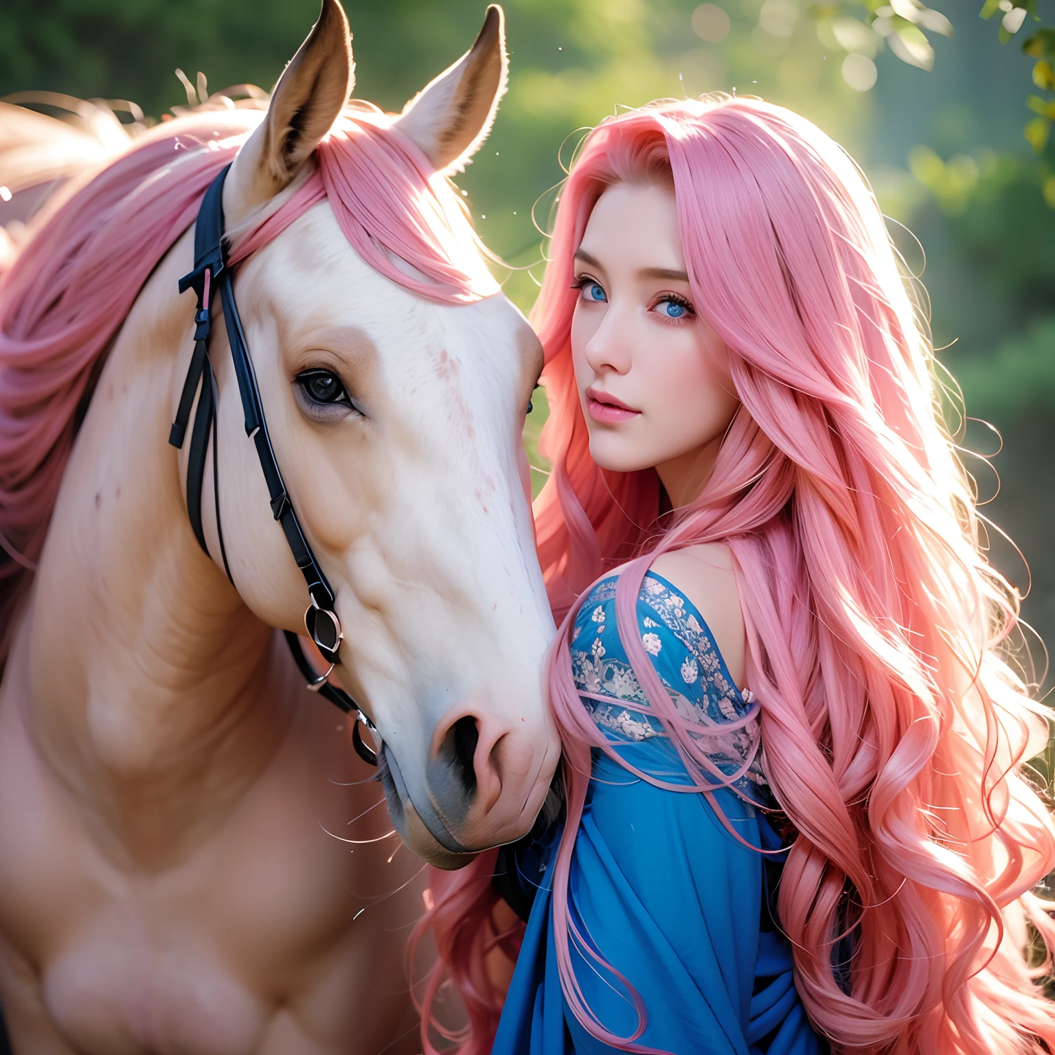 a woman, long curly hair, pink hair, blue eyes, elf, woman with horse, horse