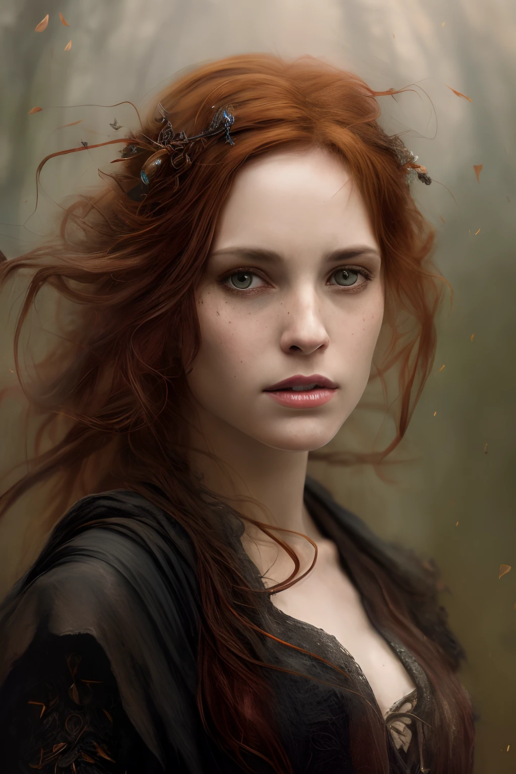 a female portrait of a hyperdetailed  in the style of a dementor from harry potter and a rogue dnd character,ginger hair, (pleasant:1.3) thoughtful expression, full body, conjuring magical energy, cinematic shot on canon 5d ultra realistic skin,  Fabian Perez Henry Asencio, Jeremy Mann Marc Simonetti fantasy magical horror atmosphere, (highly detailed environment:1.3)