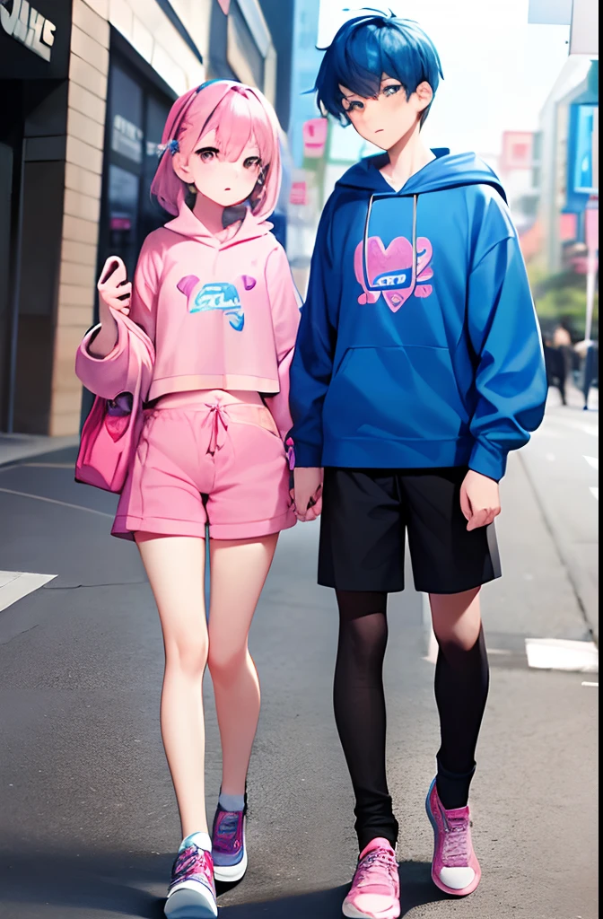 masterpiece, best quality, (expressive eyes), (perfect face), (teenage), (boy and girl:1.5), (brother and sister), group shot, full body, wide angle, depth of field, looking at each other, looking at viewers, {(sister, blue hair, pink crop top, dolphin shorts)}, {(brother, pink hair, blue hoodie, leggings)}, (blue and pink eye:1.2), public, mall, hetero, shopping