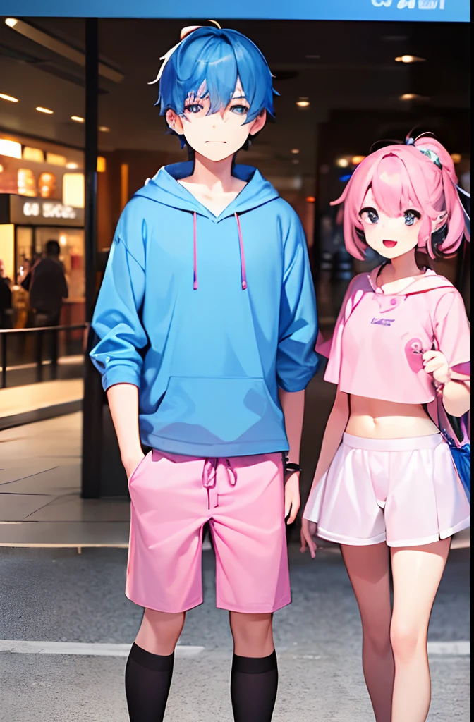masterpiece, best quality, (expressive eyes), (perfect face), (age), (boy and girl:1.5), (brother and sister), group shot, full body, wide angle, depth of field, looking at each other, looking at viewers, {(sister, blue hair, pink crop top, dolphin shorts)}, {(brother, pink hair, blue hoodie, leggings)}, (blue and pink eye:1.2), public, mall, hetero, shopping