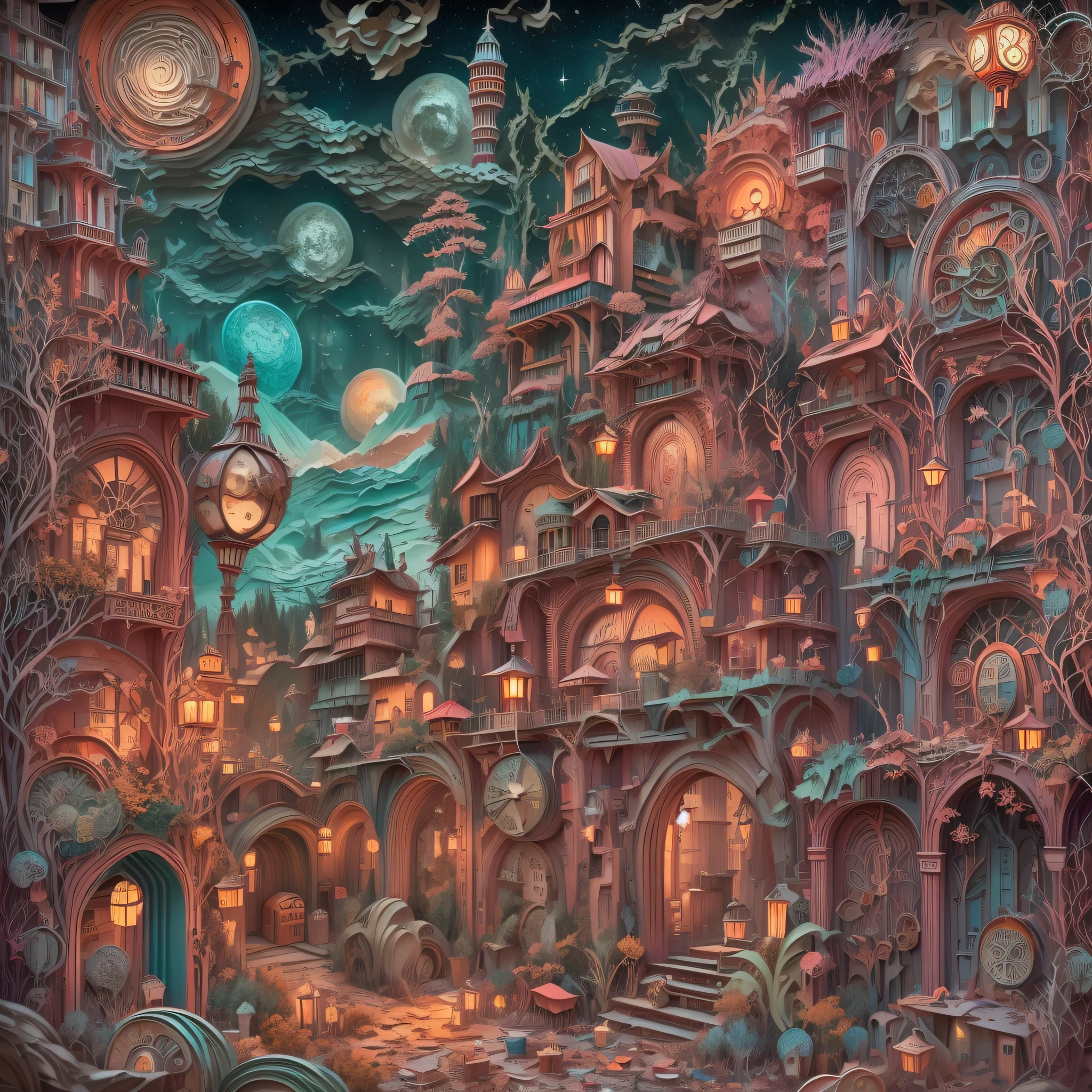 Paper Cuttings style：A colorful sky city,Sparkling metal,Mechanical gears,dim lantern,industrial machinery,Steam-powered spacecraft,Victorian architecture,Overgrown vines and plants,magical ruins,Thick clouds hovering above,Steam vortex,crumbling buildings,Evoke memories of a bygone era,Airships soar through the air,Mystical Artifacts,Reflective goggles,Rough cobblestone streets,Starry Night Sky,mystical aura,Unforgettable scenery,Rusty metal structure,Signs of weathering,The bright colors contrast with the decaying environment,Exposed pipes,Sparks of magic spells,The bustling bazaar is bustling,Mechanical limbs and gadgets,Light up the magic crystal of darkness,Hot teapot and cup,Lively energy mixed with a sense of melancholy.