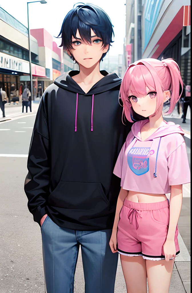 masterpiece, best quality, (expressive eyes), (perfect face), (teenage), (boy and girl:1.5), (brother and sister), group shot, full body, wide angle, depth of field, looking at each other, looking at viewers, {(sister, blue hair, pink crop top, dolphin shorts)}, {(brother, pink hair, blue hoodie, leggings)}, (blue and pink eye:1.2), public, mall, hetero, shopping