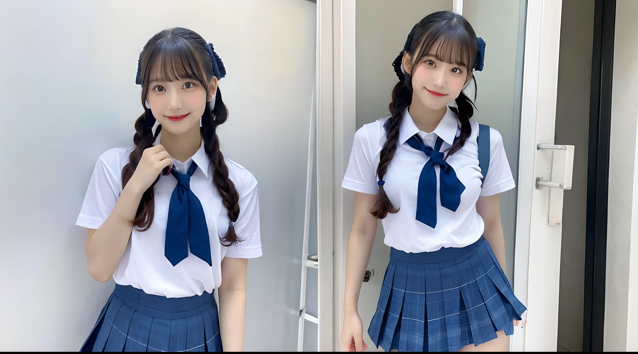 18-year-old schoolgirl wearing white shirt and light blue miniskirt(Twin-tailed)