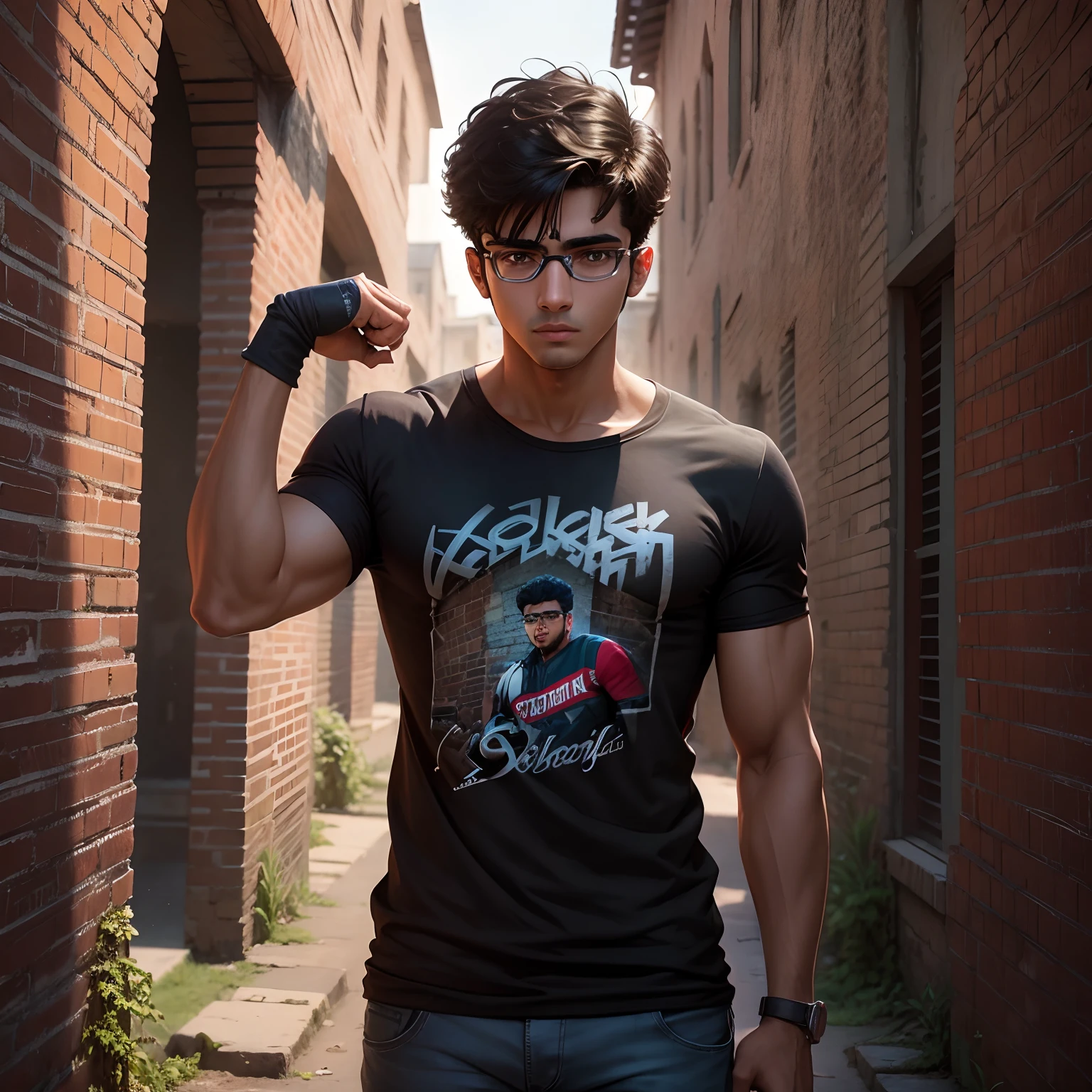 beautiful 19 year old Pakistan Boy with Eye glasses, muscular arm,looking at camera, graffitied old brick wall, Hyperrealism, bloom, sexy shot, UHD, best quality, highres, high details, 8k