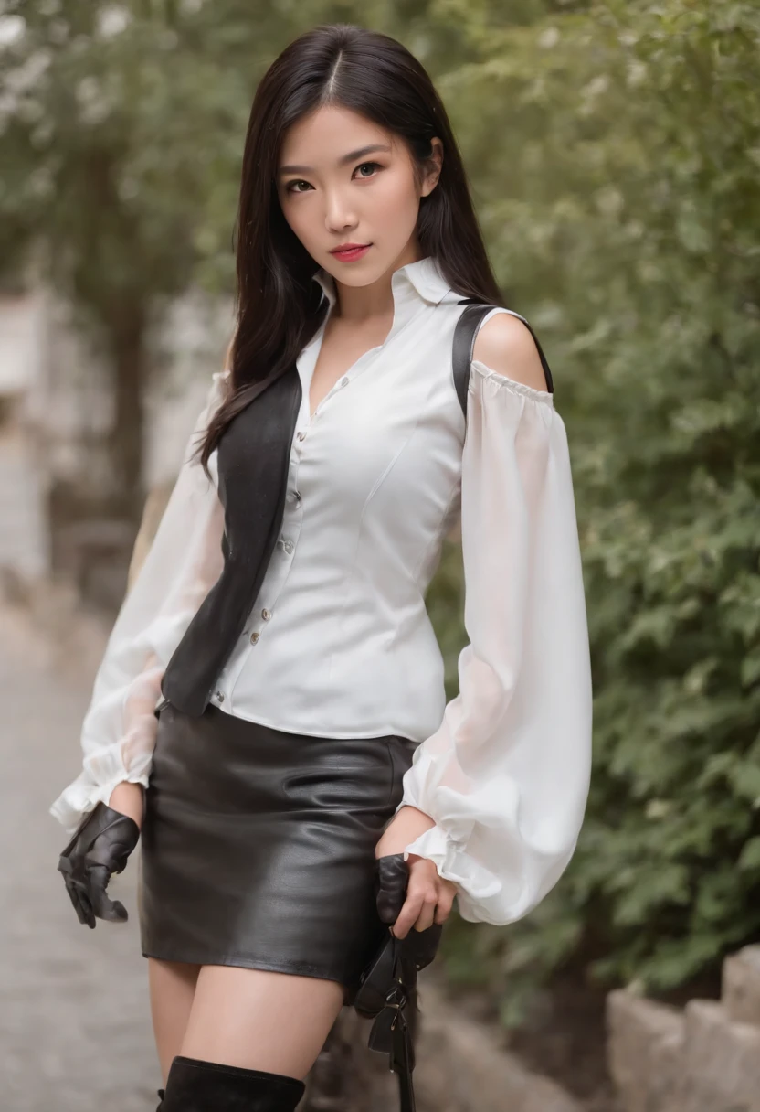 Black leather gloves, black leather tight skirt, white blouse, black leather long boots, black hair straight Japanese girl