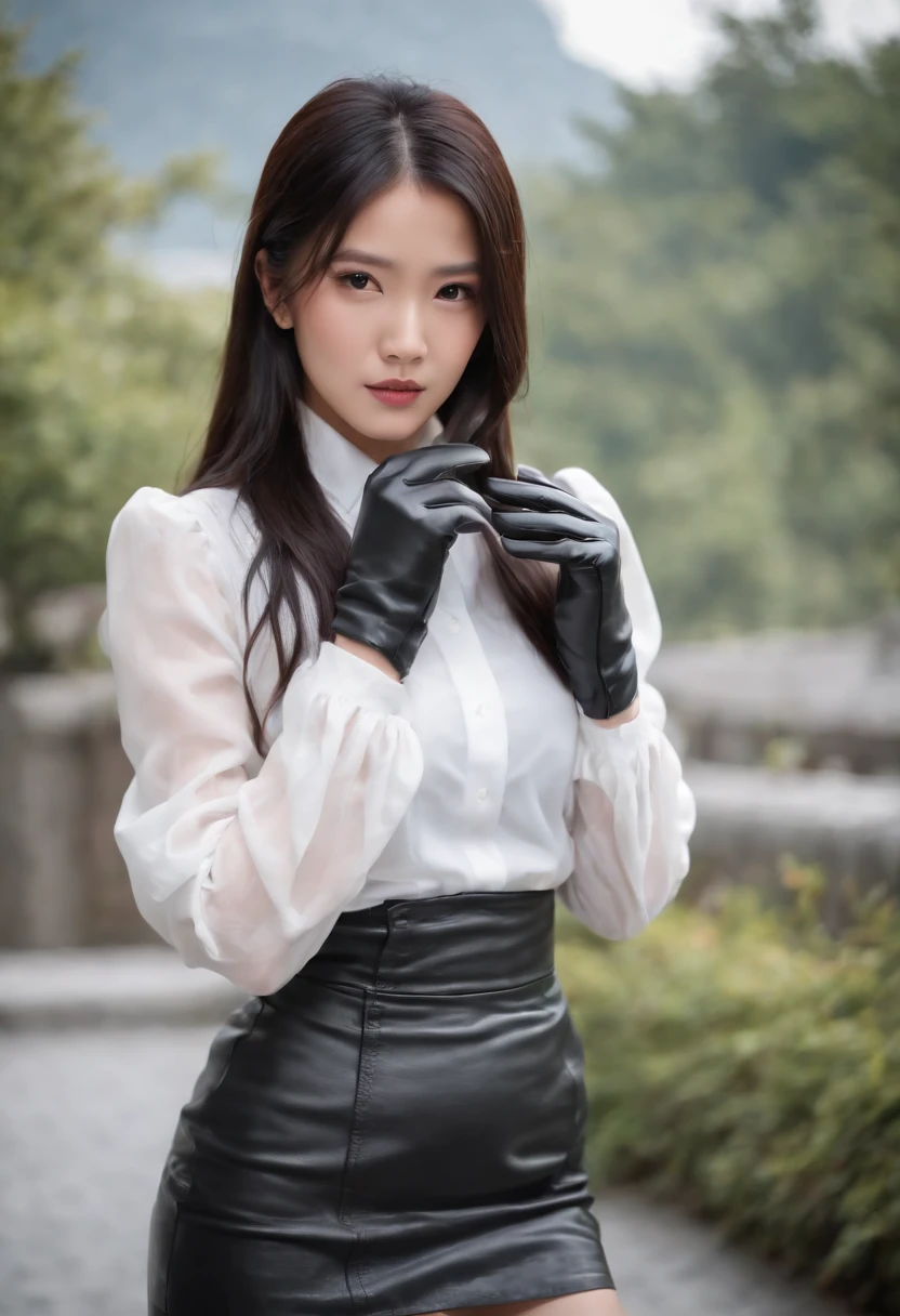 Black leather gloves, black leather tight skirt, white blouse, black leather long boots, black hair straight Japanese girl