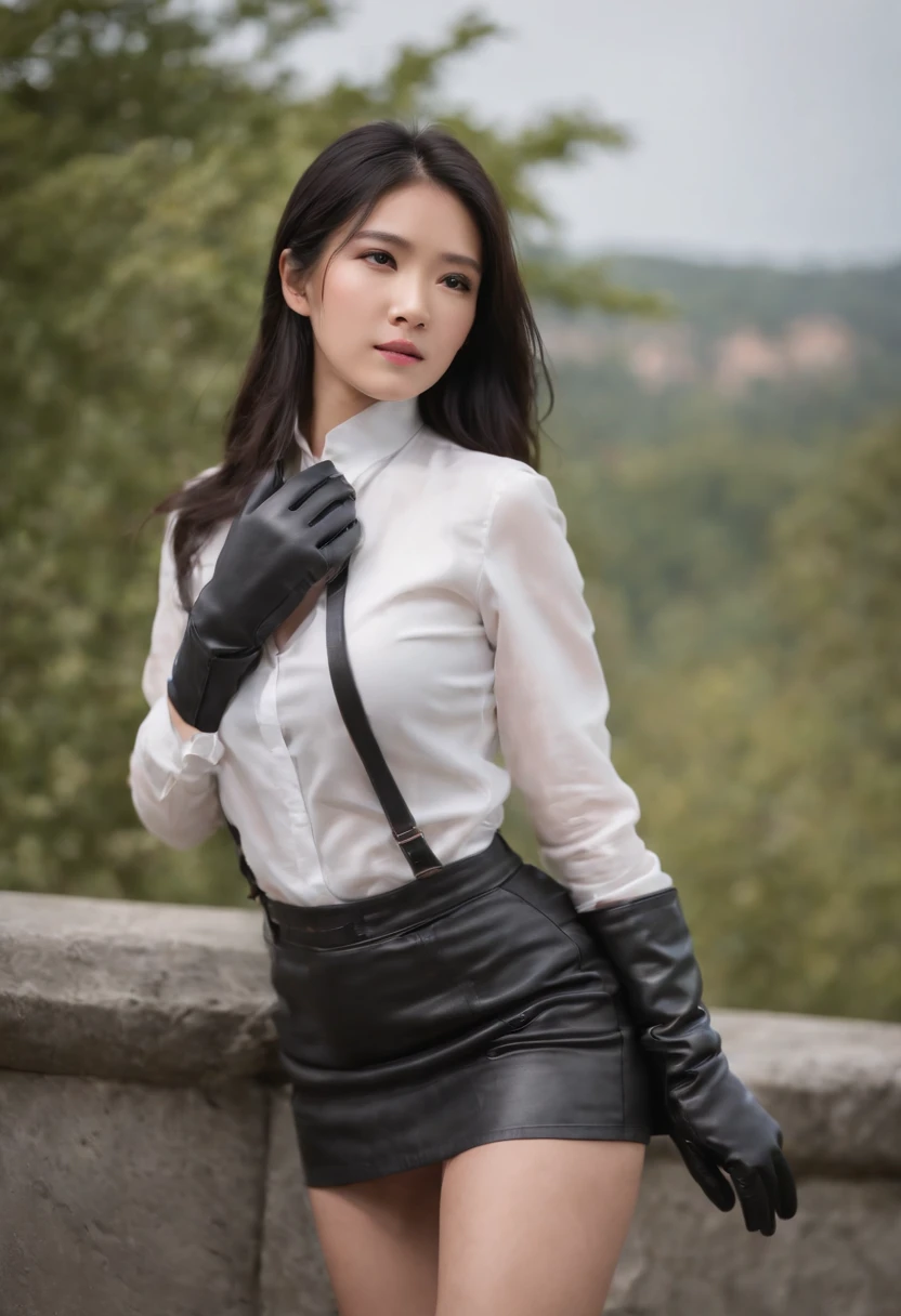Black leather gloves, black leather tight skirt, white blouse, black leather long boots, black hair straight Japanese girl