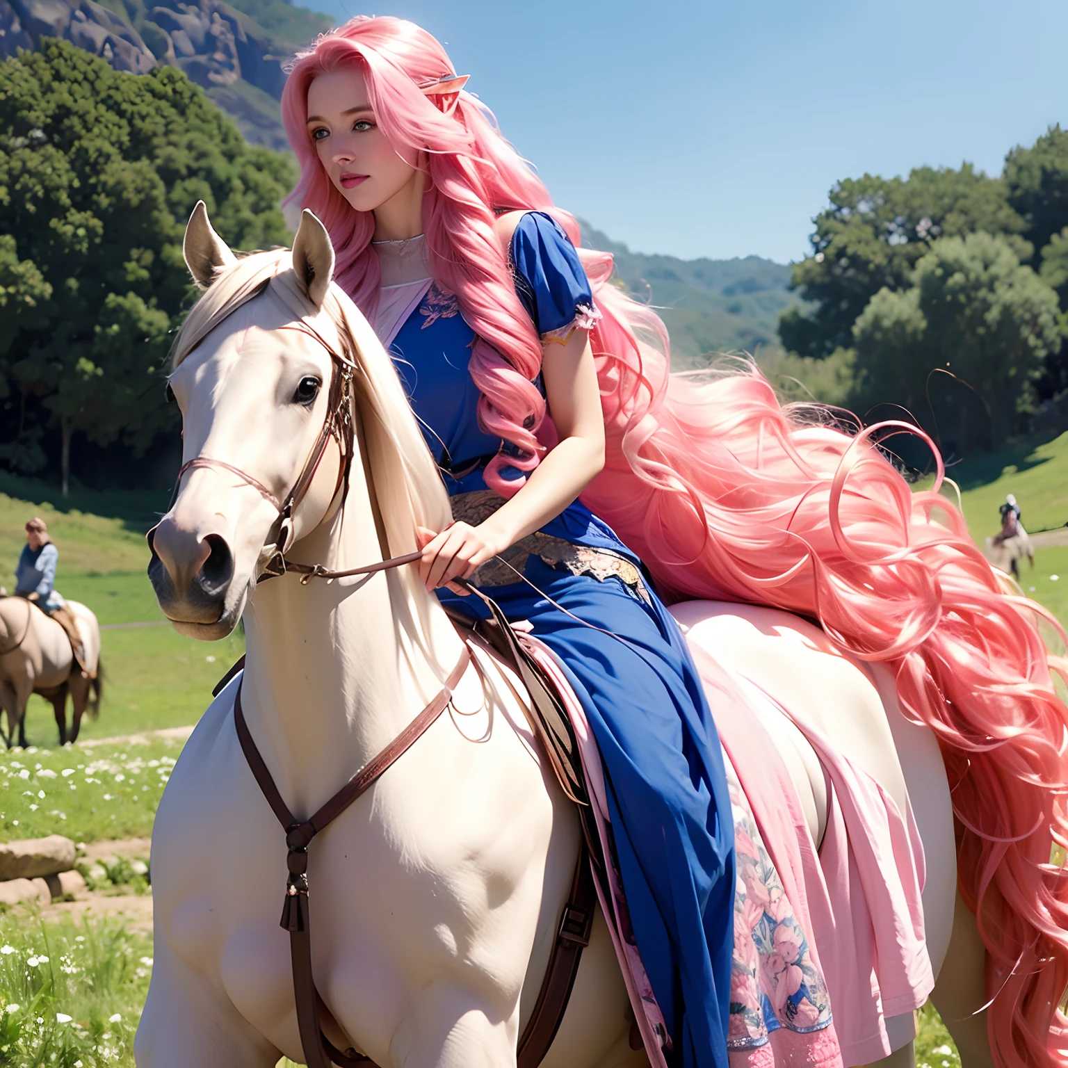 a woman, long curly hair, pink hair, blue eyes, elf, woman with horse, horse, woman riding on horse