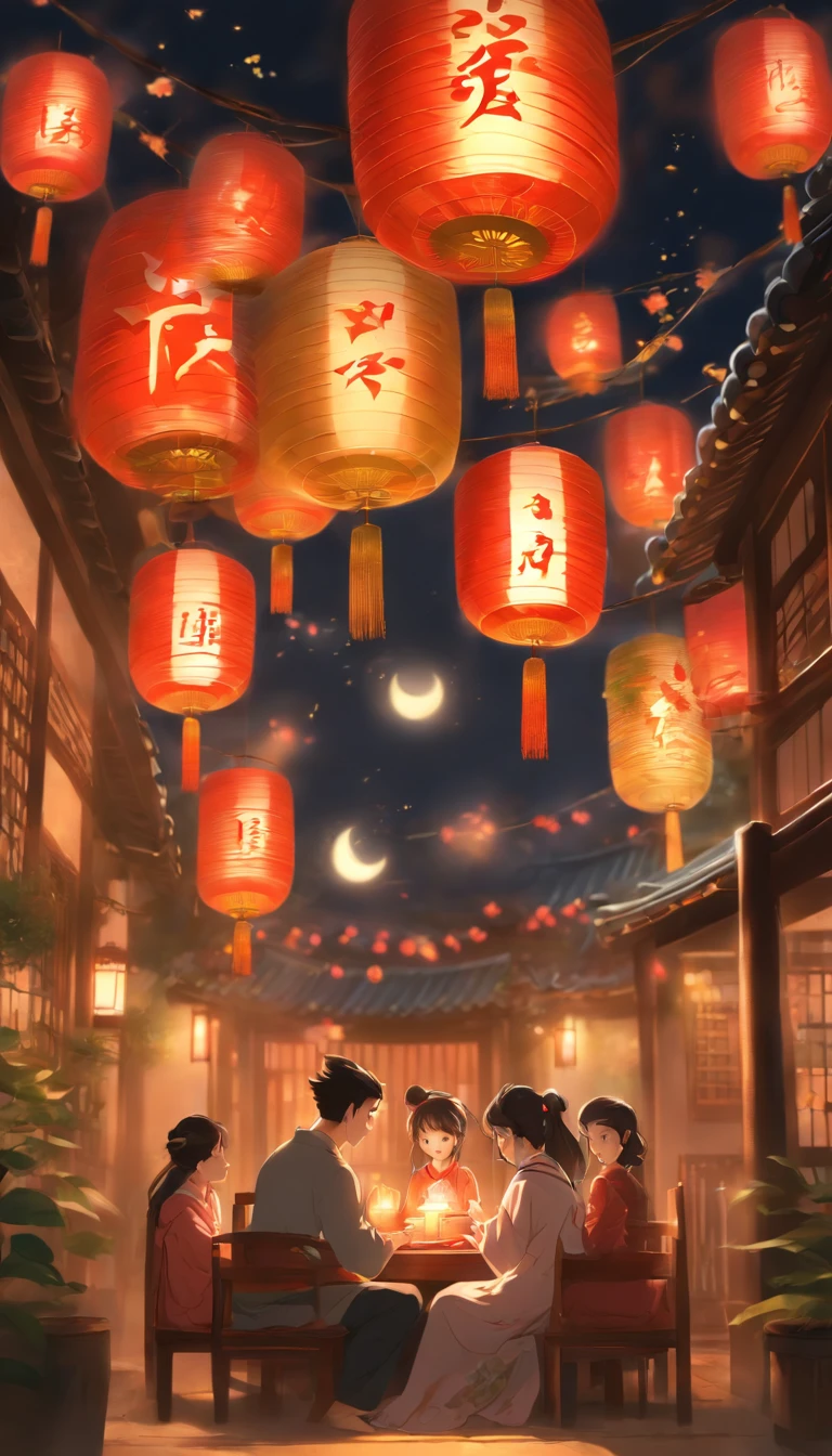 The family sits together, Enjoy a festive dinner, Surrounded by a warm and comfortable atmosphere. The room was beautifully decorated，Equipped with lanterns, Symbolizes the joy of the Mid-Autumn Festival. The table is filled with a variety of delicacies, Includes traditional mooncakes. Moonlight shone through the windows, Cast a soft glow on everyone's face. The family laughed and talked, Express their love and happiness on this special occasion. The artwork is created with the finest materials, Such as oil painting or high-resolution digital rendering, Ensure the highest quality and detail. The colors are vivid and vibrant, Create visually stunning representations for holiday celebrations. Well-designed lighting, Focus on capturing the warm and tranquil atmosphere of the evening. The artwork is a masterpiece, With ultra-fine elements and realism, Photorealistic style. The moon in the night sky is depicted as a perfect circle, Represents the full moon of the Mid-Autumn Festival. The scene was full of fun, Love, and togetherness, Capture the essence of the festival.You can see the round moon hanging high