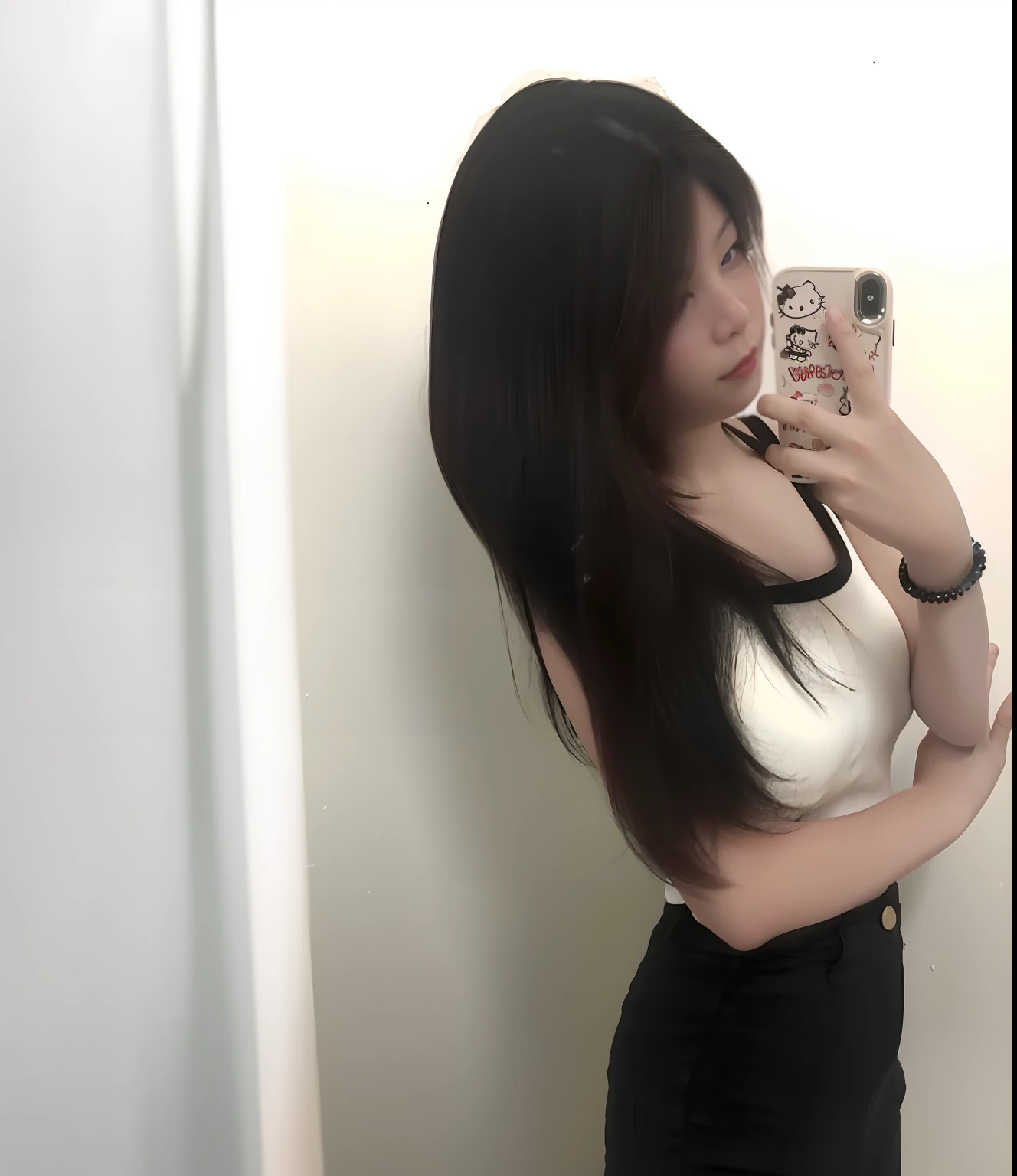 (best quality,highres:1.2),ultra-detailed,(realistic:1.37),,black and white,long hair,cute top,full body,slender waist,exposed chest
