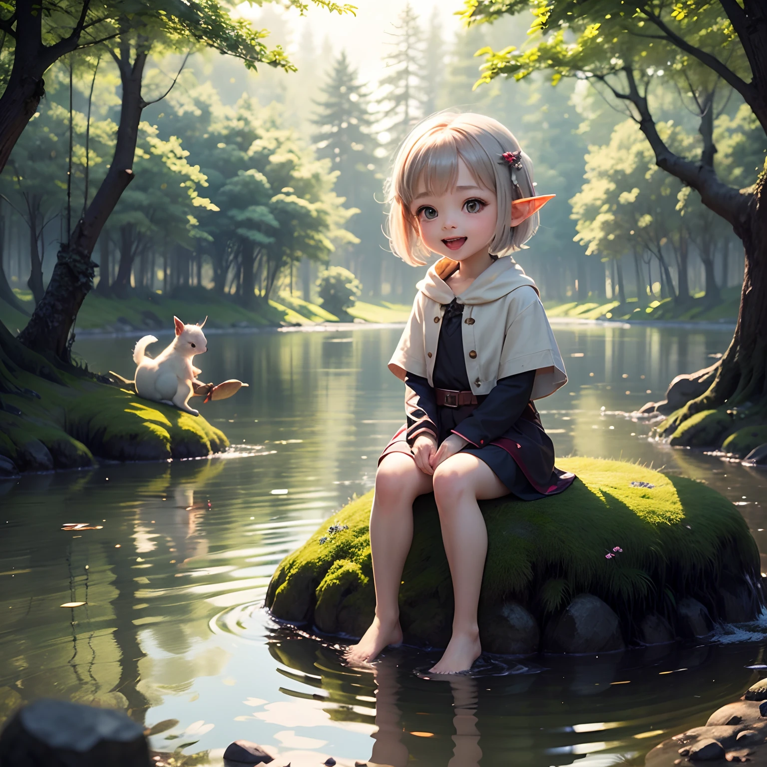 masterpiece、top-quality、ultra-detailliert、One daughter of an elf、(Chibi Chara:1.1)、wraith、short-hair、Open your mouth and smile、lake in the middle of a forest、Sit on the rocks、Sunlight、White squirrel、