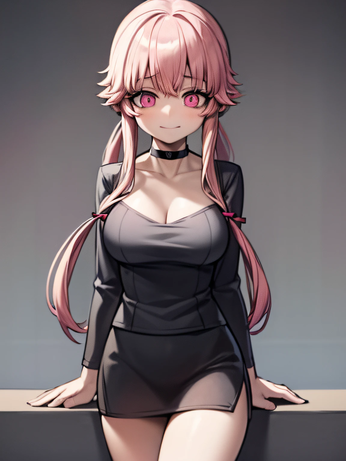 ((masterpiece, best quality)), (1girl), (solo), (female focus), yuno gasai), long hair, (pink eyes:1.5), pink hair, smile, low twintails, red eyes, 1girl, (large breasts:1.5), solo focus, (black choker:1.5), (Open chest sweater:1.5)