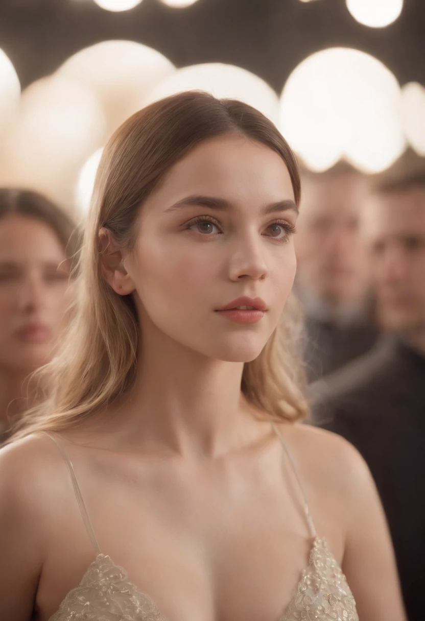 masterpiece, surrounded, multiple others, exhibitionism, audience, background characters, crowd, public humiliation, girl, long hair, naughty_face, breasts out, shaved_, areolae, peeing,