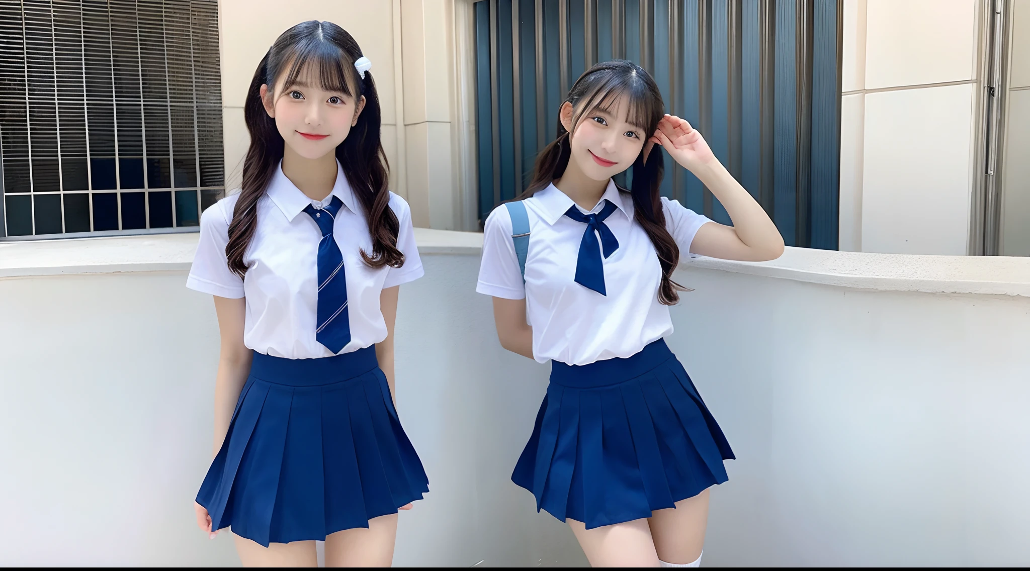 Highest quality、masterpiece、、Very detailed、Realistic、(Young face:1.4)、(Looks like an :1.4)、(Two Girls)、(Looking at me with a mischievous smile)、whole body、Small face、Narrow shoulders、(Very small breasts:1.6)、Thin and beautiful legs、Tight and slim waist、(Waitress uniform with buttons and collar:1.2)、(Light blue plaid mini skirt:1.1)、Short Hair、apron、restaurant、(Open the buttons on your chest a little and lean forward.:1.4)