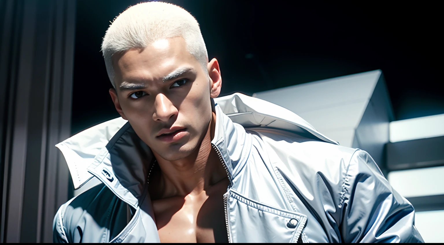1990 screengrab of male model Frieza wearing a white, iridescent Balenciaga full-length trench coat with metallic accents, fashion movie scene, Balenciaga commercial