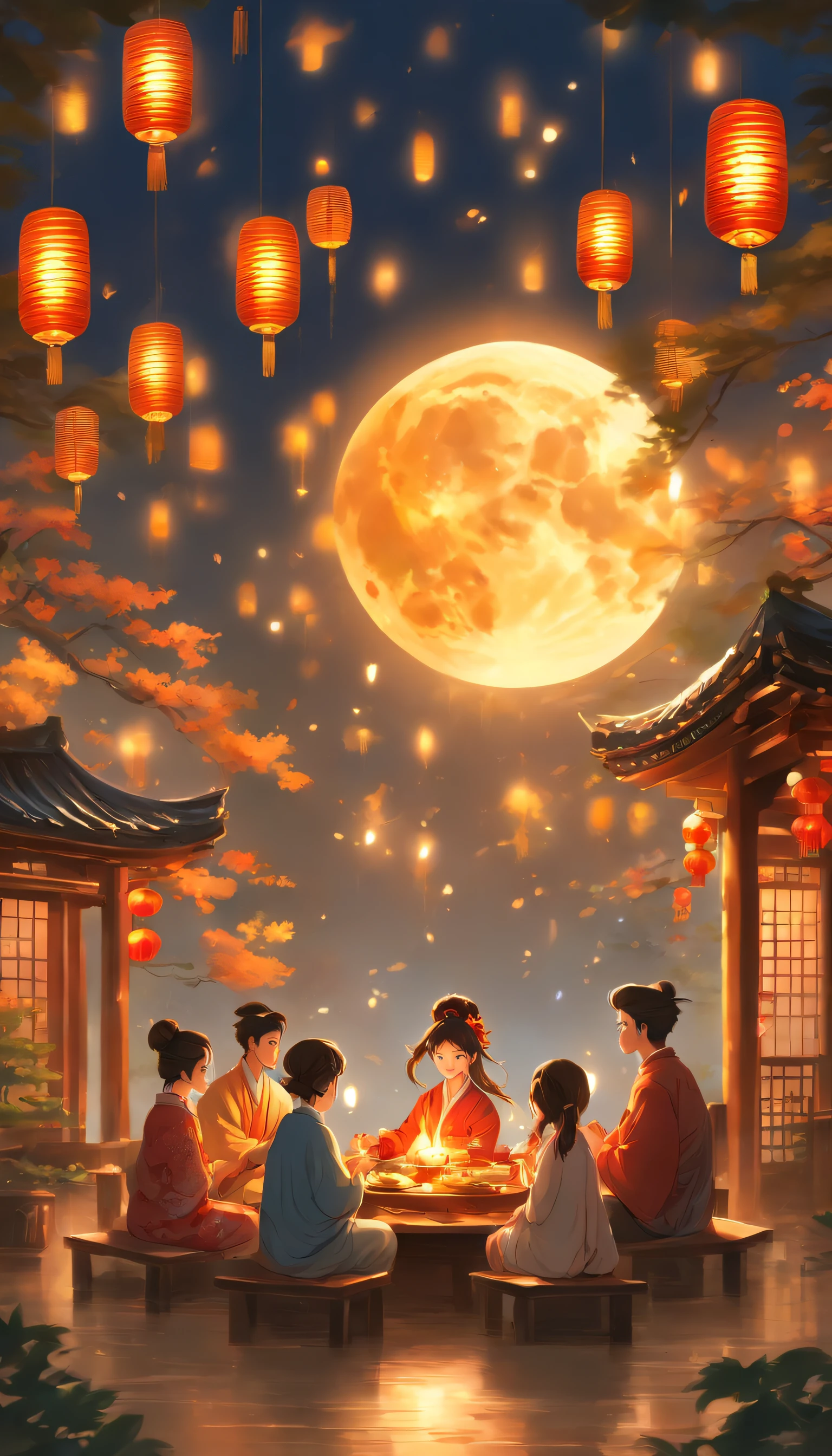 The family sits together, Enjoy a festive dinner, Surrounded by a warm and comfortable atmosphere. The room was beautifully decorated，Equipped with lanterns, Symbolizes the joy of the Mid-Autumn Festival. The table is filled with a variety of delicacies, Includes traditional mooncakes. Moonlight shone through the windows, Cast a soft glow on everyone's face. The family laughed and talked, Express their love and happiness on this special occasion. The artwork is created with the finest materials, Such as oil painting or high-resolution digital rendering, Ensure the highest quality and detail. The colors are vivid and vibrant, Create visually stunning representations for holiday celebrations. Well-designed lighting, Focus on capturing the warm and tranquil atmosphere of the evening. The artwork is a masterpiece, With ultra-fine elements and realism, Photorealistic style. The moon in the night sky is depicted as a perfect circle, Represents the full moon of the Mid-Autumn Festival. The scene was full of fun, Love, and togetherness, Capture the essence of the festival.You can see the round moon hanging high