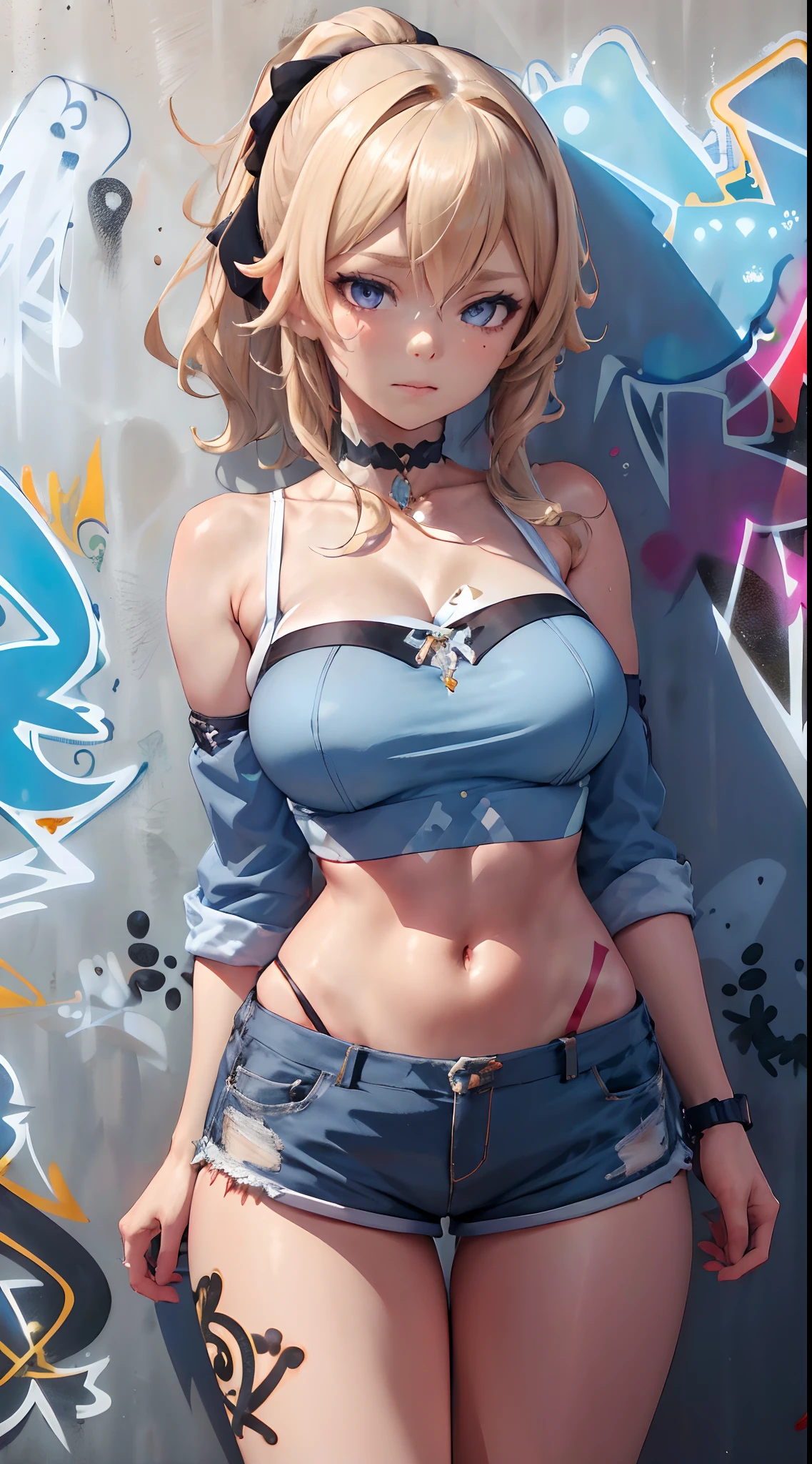 Jean Genshin Effect, master-piece, bestquality, 1girls,shorts jeans, oversized breasts, ,bara, crop top, shorts jeans, choker, (Graffiti:1.5), Splash with purple lightning pattern., arm behind back, against wall, View viewers from the front., Thigh strap, Head tilt, bored, water eyes,