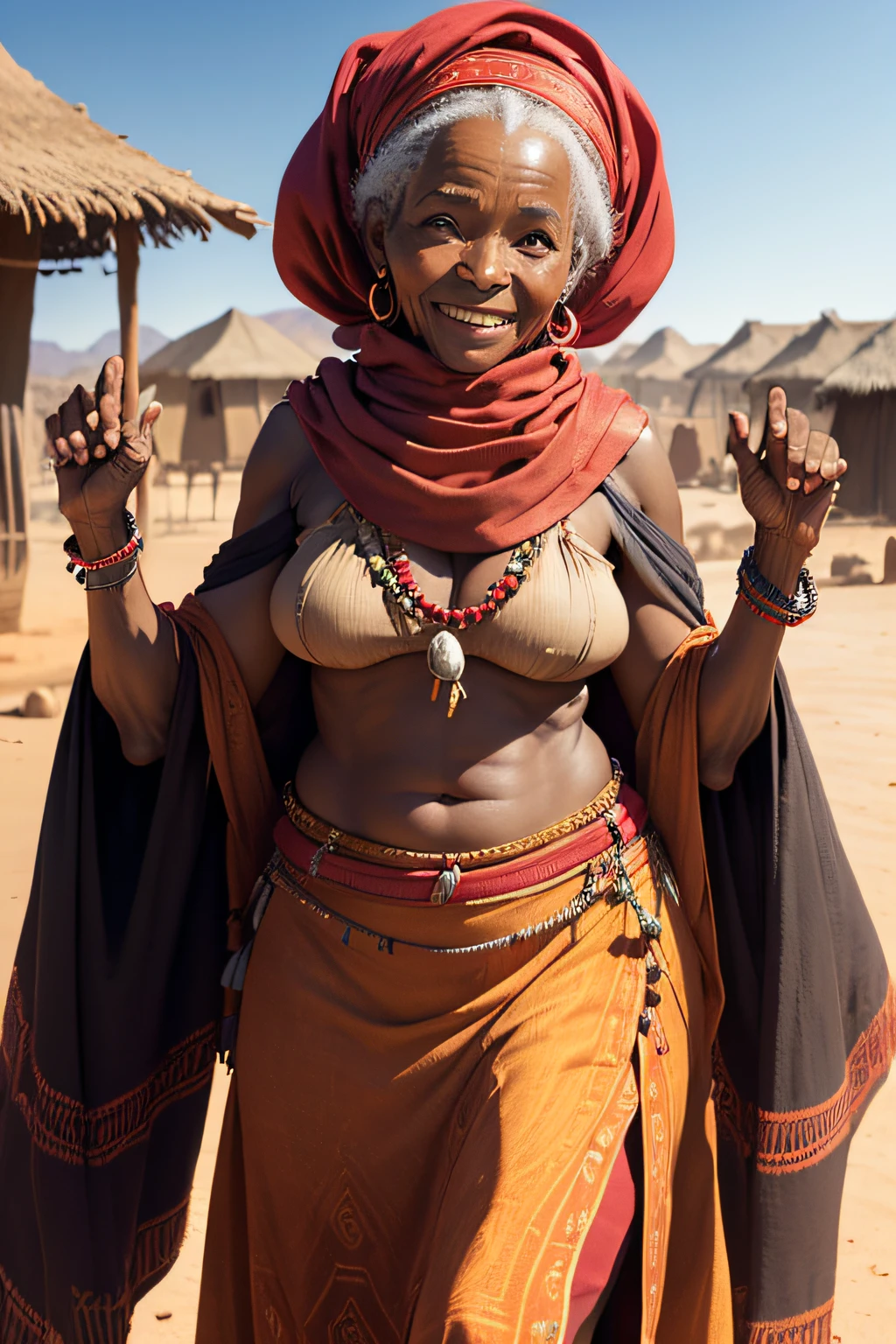 90 year old African woman, torso covered, with red shawl, stooped, braided greying black hair, smiling, very few teeth, intelligent eyes, traditional kalahari shawl, long skirt, bare arms, wrinkled, beads, African village huts behind, flat desert, bushes, cloudless sky