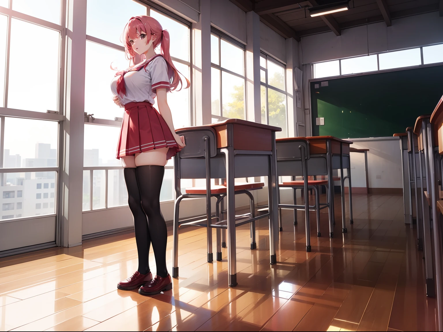 hi-school girl、(Full Red Uniform)、fullllbody、In the classroom of the school、((Colossal tits))、Pink hair、Longhaire、Standing facing the front、Short stature