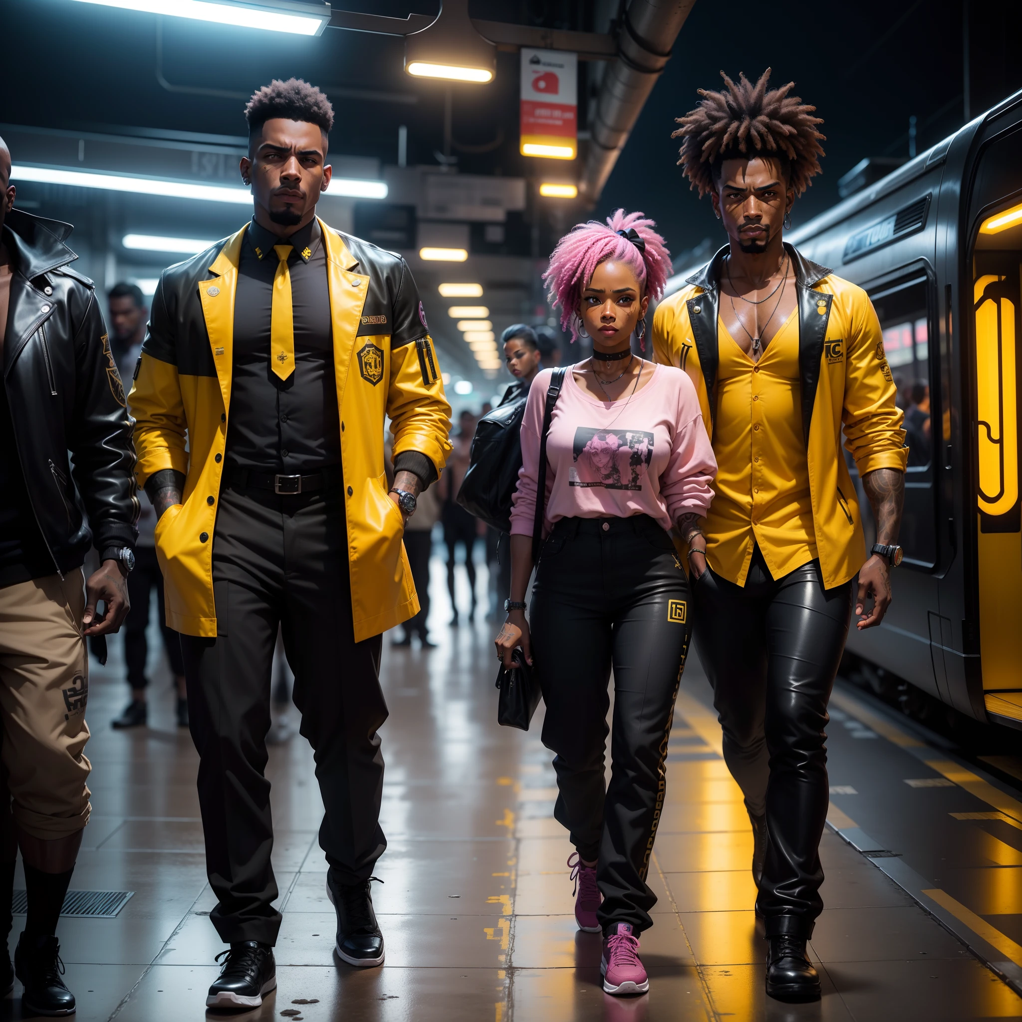I'd like a cyberpunk style image in 4k average photo of three black characters ,50 anos de idade, africano, forte, musculoso, de pele negra ,com cabelo punk estilo anos 80 na cor amarelo e cinza escuro,muito eLegante,, futurista e estiloso neon , com uma tatuagem super colorida e com neon ,Toattoo, facing a metro station on the platform , with station lights failing in a dimly lit environment, standing dressed in a dark yellow suit with a pink bow tie and baggy shirt.