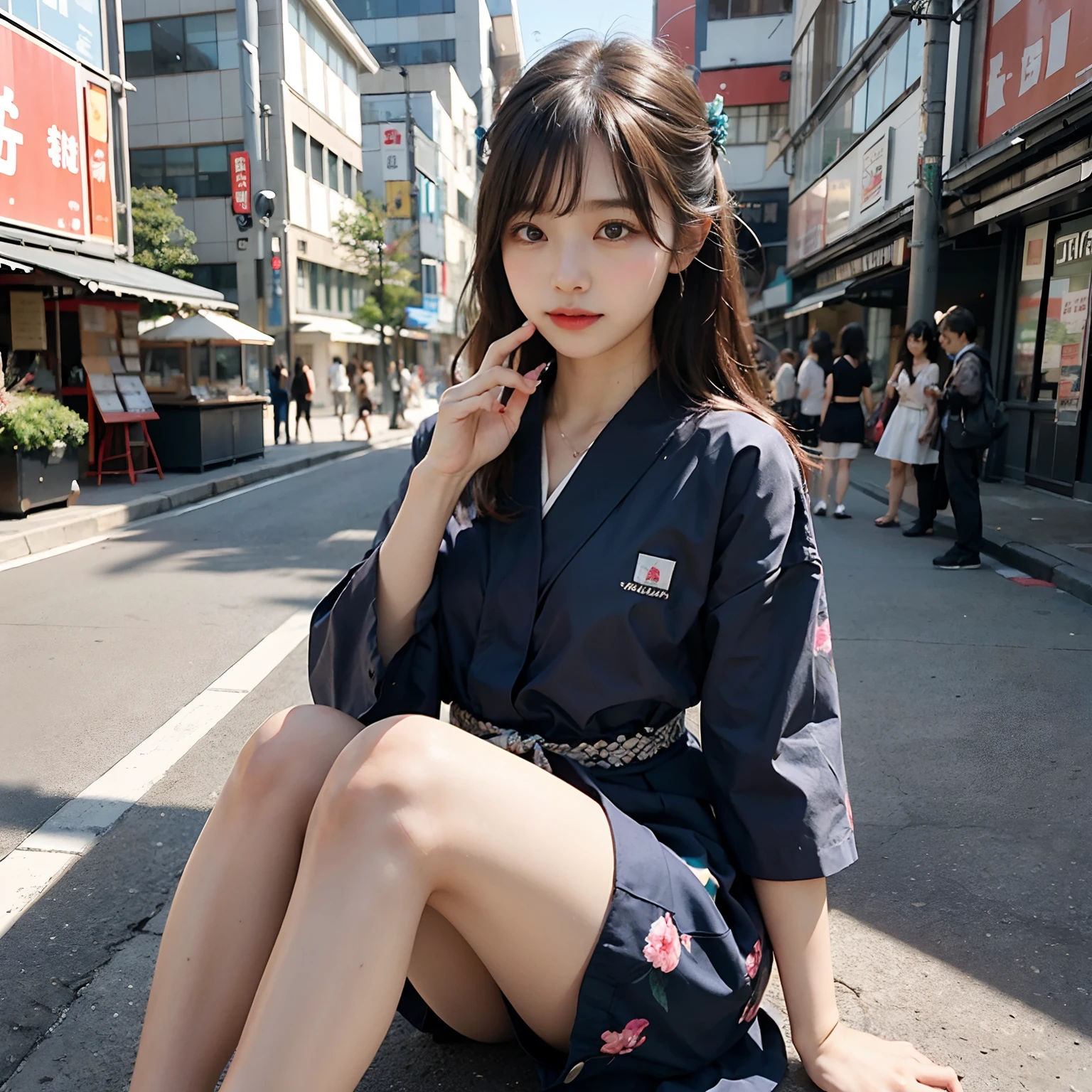 hi-school girl,, Japan Yukata, No bra, Blue clothes ,with floral pattern , Legs spread wide blue yukata