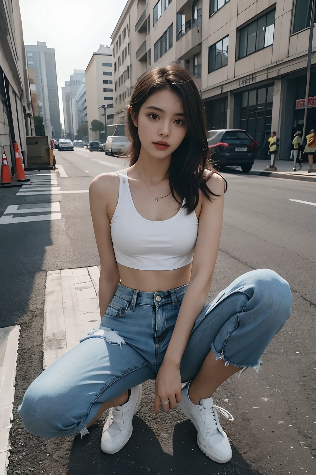 Girl in white bra and tight denim skirt posing for photo, full body, with cropped T-shirt, bra, slim body, smaller bust, slim girl model, 24-year-old female model, lying on the construction site, a group of black men onlooking