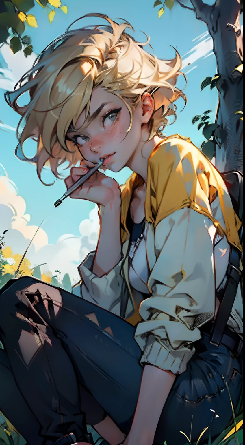 4K, high resolution, Best quality, Masterpiece, perfect, really warm colors, perfectly shaded, Perfect lighting, posted on e621, ((greg capullo style)), masterpiece, digital paint, (close up, Cute girl, 20 years old, blond short hair), sucking a lollipop, sitting in the grass in a hide park in London. 1990s \(style\),