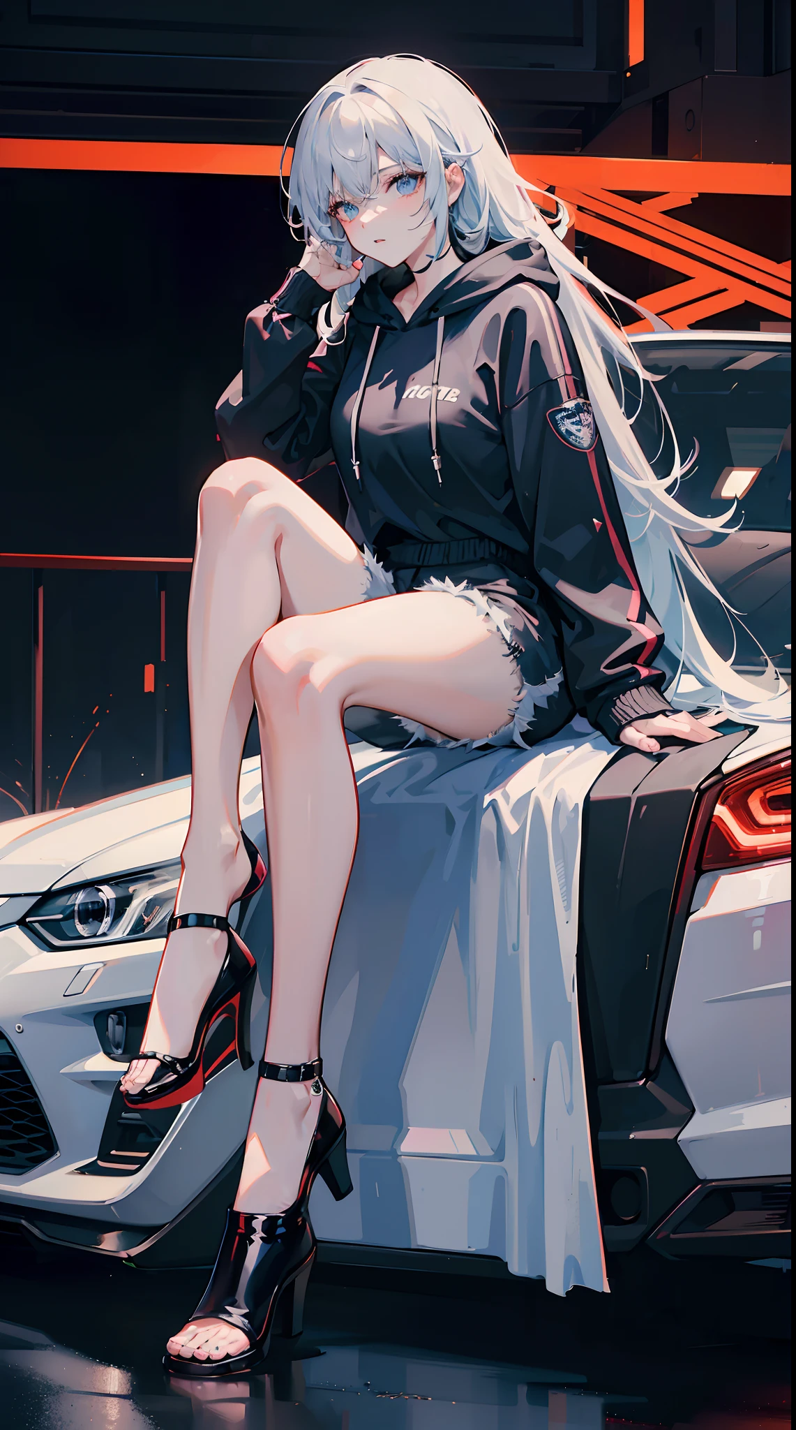 1 cool adult woman is sitting on the top of a sports car,long hair,Wearing a Hoodie And shorts with an elegant pose and a sexy expression Night city, Sharp focus, highly detailed,8k