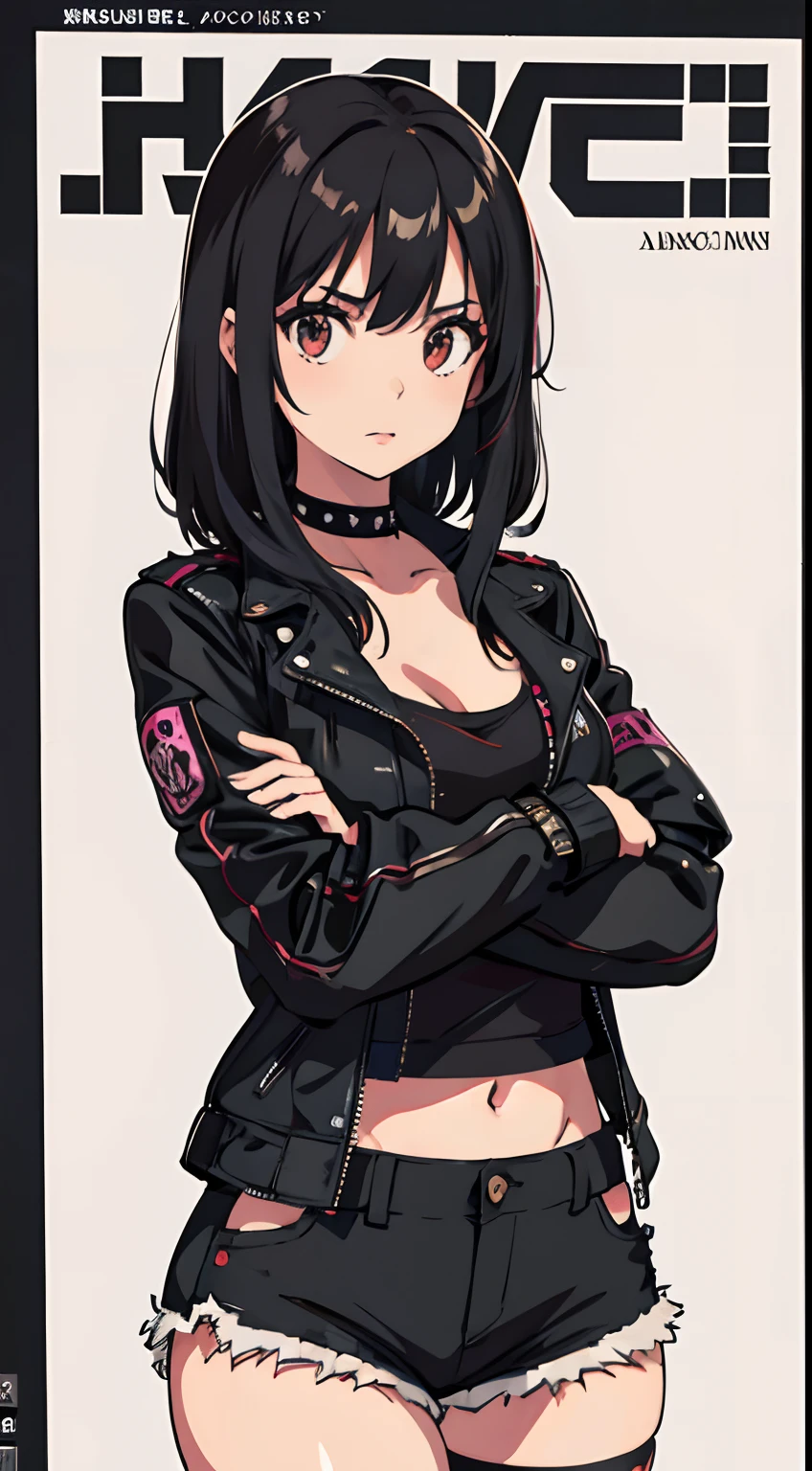 a girl wearing punkwear, medium length hair, seductive look, blank background, cover shoot, detailed