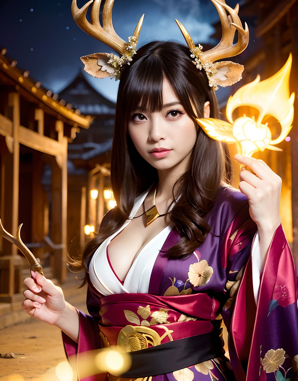 ((World of Darkness)),Professional , ​masterpiece、top-quality、photos realistic , depth of fields 、（Maiko's hairstyle）、(Maple background in full bloom),（Ultimate Beauty）、Red-haired、（Fight ninjas)、（Kimono with beautiful pattern）、（Night background）、（（a dark night））,(Wear a beautiful kimono),（Wear a beautiful kimono with colorful floral patterns）、Jewel Gold Weapon、Particles of light),（Castle background）、Gorgeous gold weapons ,（（ Gorgeous weapon Dragon Sword）） , （a dark night）,,（maikurobikini） 、（（Black Haired Beautiful Girl））、（Castle background）、（demonic wings）、（（Gangle's forest background））、Beautiful Caucasian beauty、１a person、dynamic ungle,(((Two deer antlers on the head)))、Smaller head、Idle Smile、Thin and beautiful female hands、Mystical expression、Light Effects、intense fighting、Wind-effect、magic circles、With the legendary magic wand、Dragon's tail、Anatomically correct body、