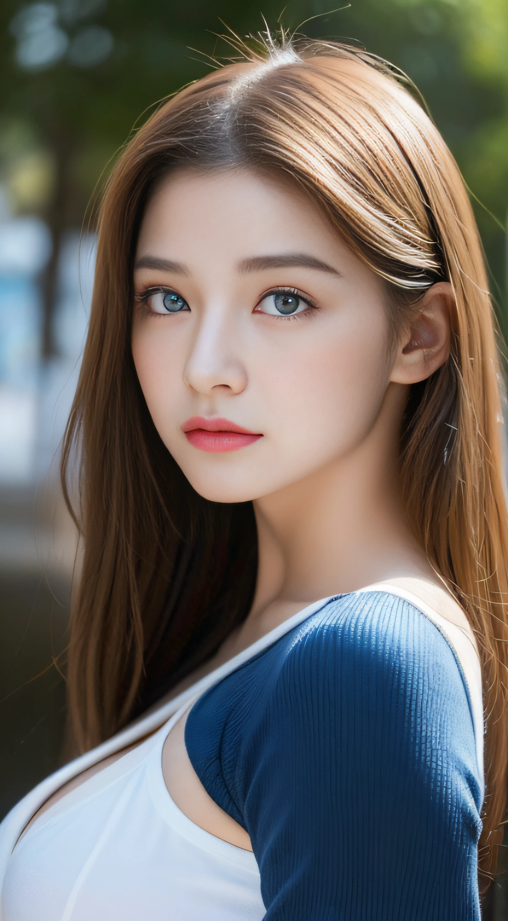 one-girl,exposed bare shoulders,sunlighting,looking back at the camera,closeup cleavage,golden hair,dingdall effect, Amazingly beautiful female athletes, (puffy shirt),(Super Metallic Bright Red Holographic Puffy Shirt:1.2), Chic muscular body:1.4,(in 8K, Best Quality, masutepiece, Ultra high definition, face with high quality:1.5),(Photorealsitic:1.4),Raw photography,shinny skin,Ray traching、 Beautiful shadow gradient,Image from head to thigh, (Huge breasts, beautiful boob:1.2),at bar, Perfect Lighting, Beautiful and well-groomed face, beautidful eyes, Detailed lips, Double eyelids,(((32K,very high res, high detailing, highly accurate,Masterpiece Girl 1))),Raw photo & realistic atmosphere,beautiful dark blue eyes,Detailed mouth,Glossy lips,Detailed eyebrows,Soft white skin that shines with every detail,,Eyes drawn in detail、Very beautiful eyes with azure eyes,Detailed lips、Very beautiful face,Very well-formed face、Lifelike face,shiny beautiful lips,Beautiful eyebrows,Infinite reality,Best design,(Insanely cute Japan -yeld giHealthy style,Beautiful breasts with big breasts,Very cute beautiful girl,Little Gi),