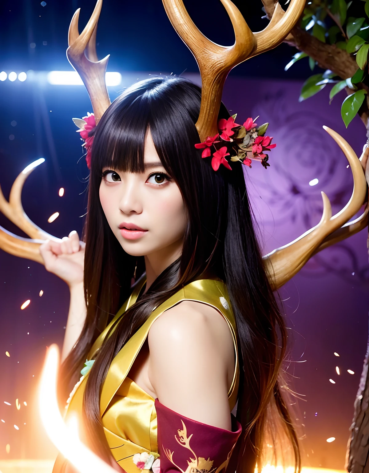 ((World of Darkness)),Professional , masterpiece、top-quality、photos realistic , depth of fields 、(Maiko's hairstyle)、(Maple background in full bloom),(Ultimate Beauty)、Red-haired、(Fight ninjas)、(Kimono with beautiful pattern)、(Night background)、((a dark night)),(Wear a beautiful kimono),(Wear a beautiful kimono with colorful floral patterns)、Jewel Gold Weapon、Particles of light),(Castle background)、Gorgeous gold weapons ,(( Gorgeous weapon Dragon Sword)) , (a dark night),,(maikurobikini) 、((Black Haired Beautiful Girl))、(Castle background)、(demonic wings)、((Gangle's forest background))、Beautiful Caucasian beauty、1a person、dynamic ungle,(((Two deer antlers on the head)))、Smaller head、Idle Smile、Thin and beautiful female hands、Mystical expression、Light Effects、intense fighting、Wind-effect、magic circles、With the legendary magic wand、Dragon's tail、Anatomically correct body、