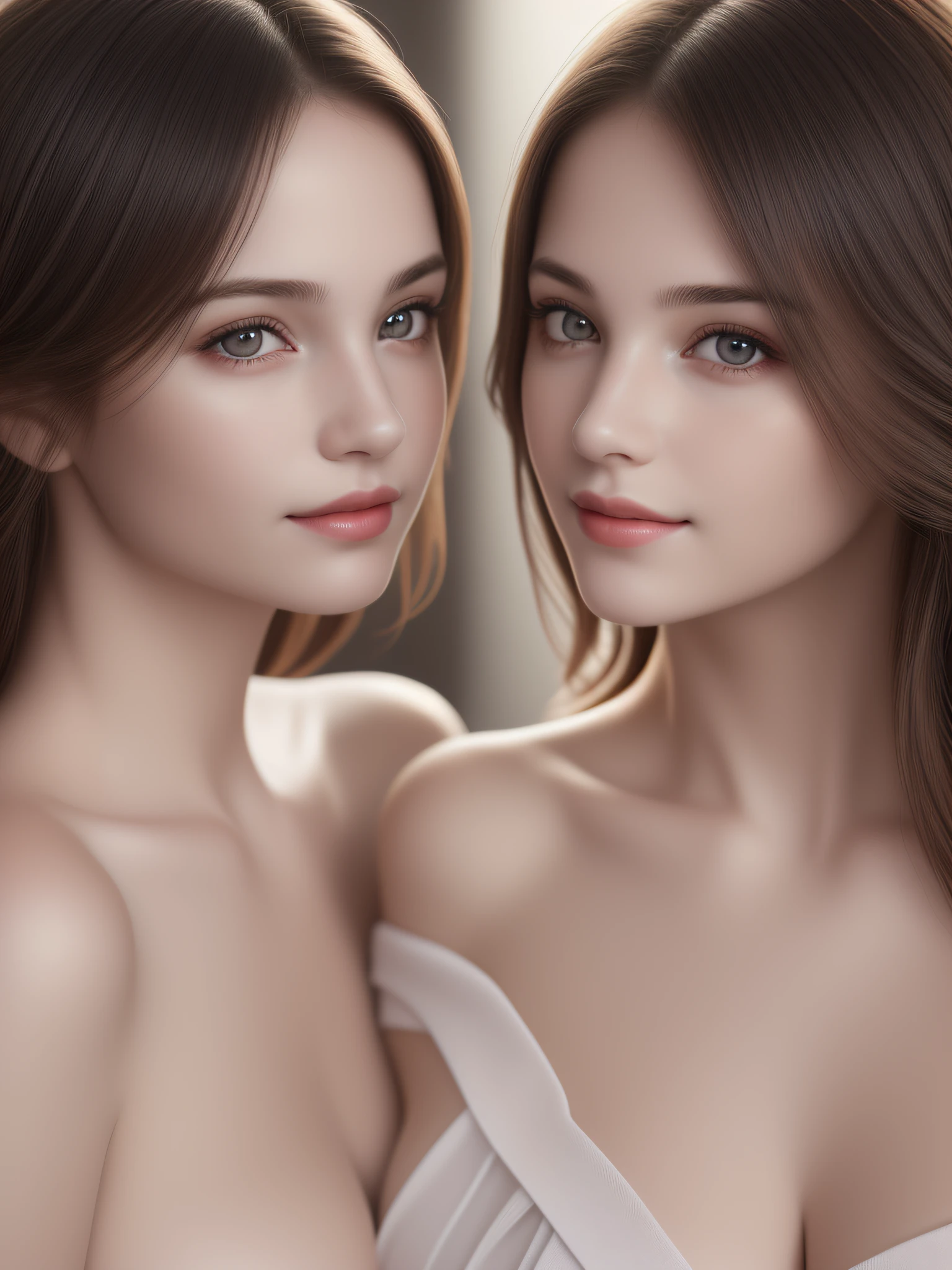 (ung girls:1.3), (Ultra realistic, high res), (highly detailed eyes, highly detailed hair, highly detailed face, highly detailed plump lips), naked, (off shoulder), breasts, upper body, caute smile, (best quality:1.4), Raw photo, (realistic, photo-realistic:1.37), professional photography, cinematic light, (fine face: 1.2),