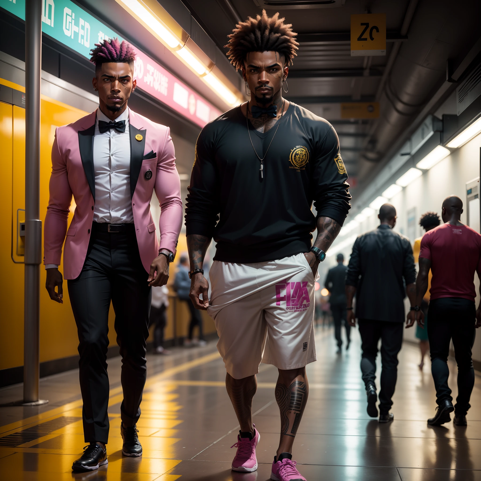I'd like a cyberpunk style image in 4k average photo of three black characters ,50 anos de idade, africano, forte, musculoso, de pele negra ,com cabelo punk estilo anos 80 na cor amarelo e cinza escuro,muito eLegante,, futurista e estiloso neon , com uma tatuagem super colorida e com neon ,Toattoo, facing a metro station on the platform , with station lights failing in a dimly lit environment, standing dressed in a dark yellow suit with a pink bow tie and baggy shirt.