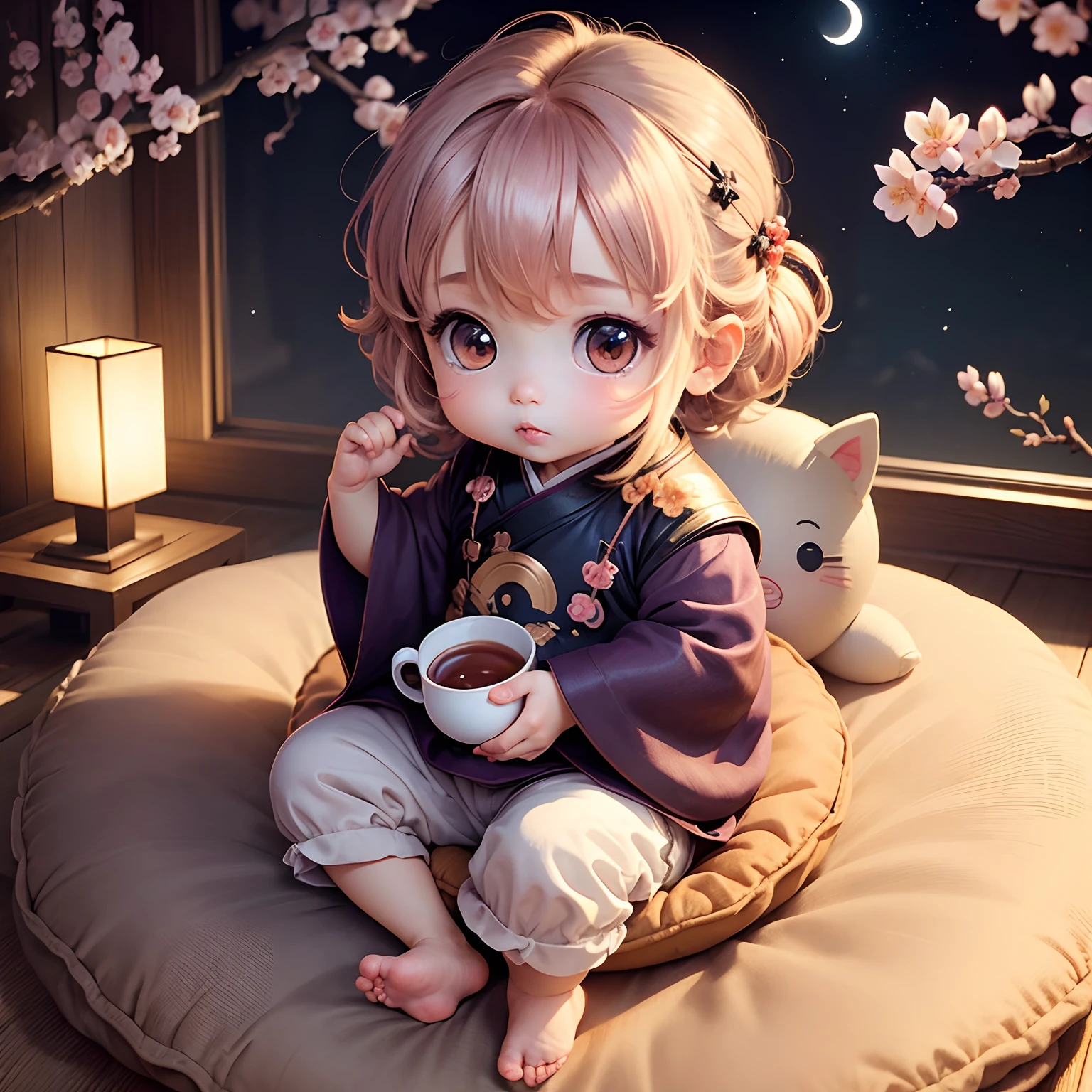 ((Cute Chibi Anime,))(Sit on a cushion and drink tea,)(Plum blossoms,)Moon Night,((Wearing Han clothes,))
