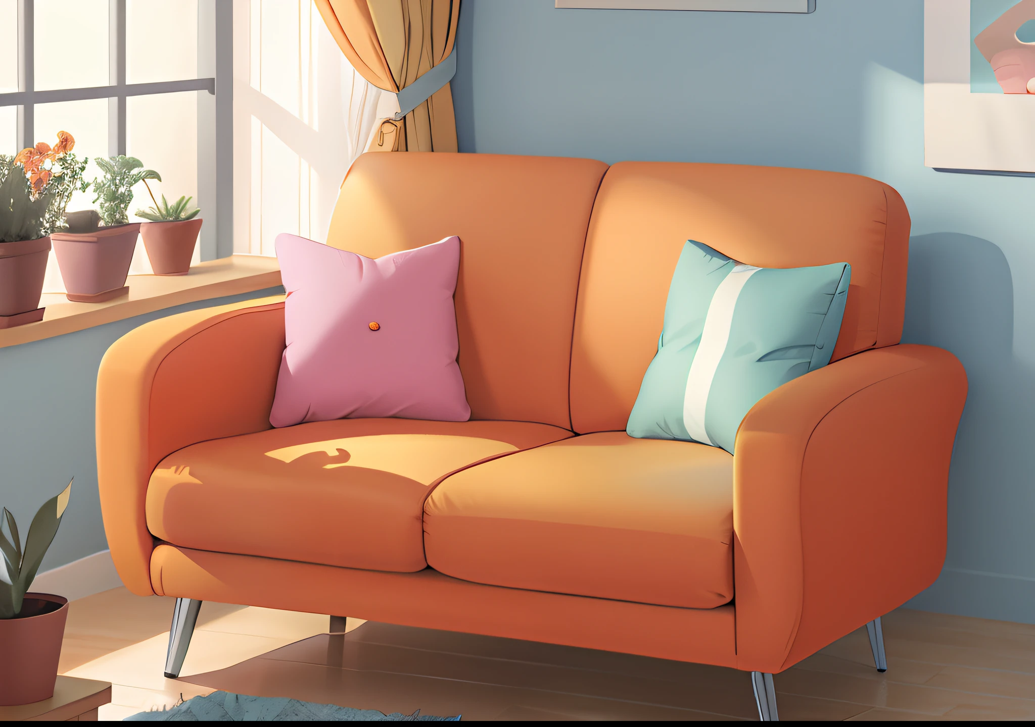 Orange sofa、blankets、potted