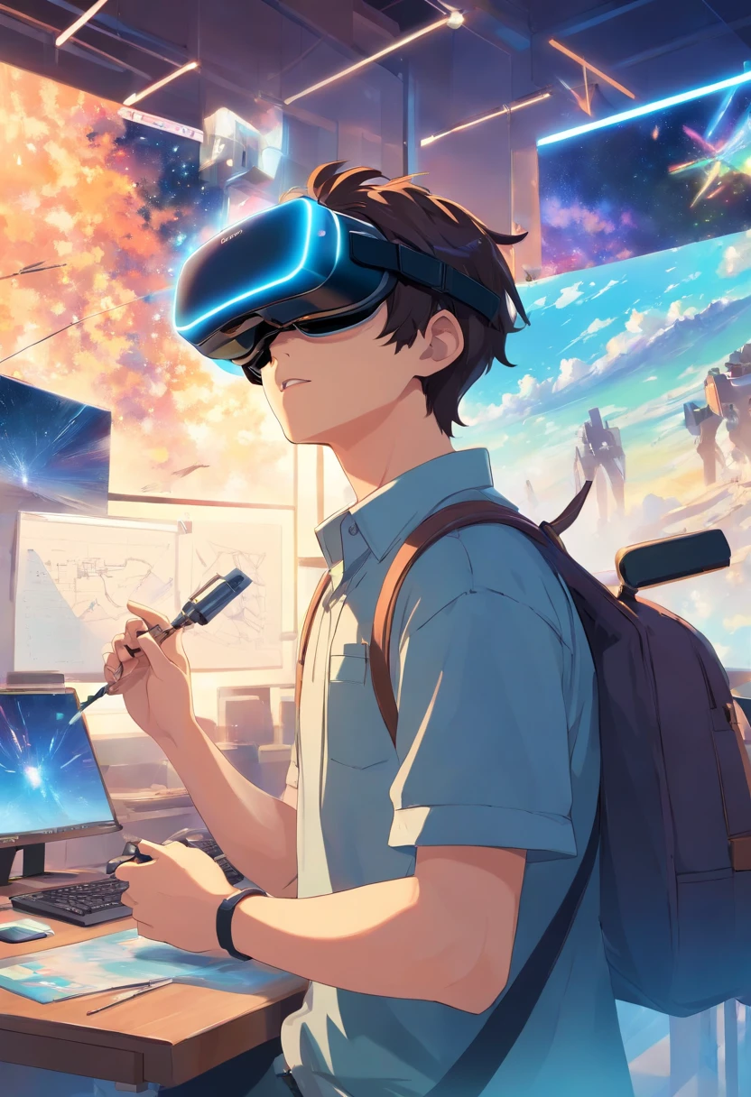 A student with a VR in his hand with a camera flying over his head with a tool for drawing next to him