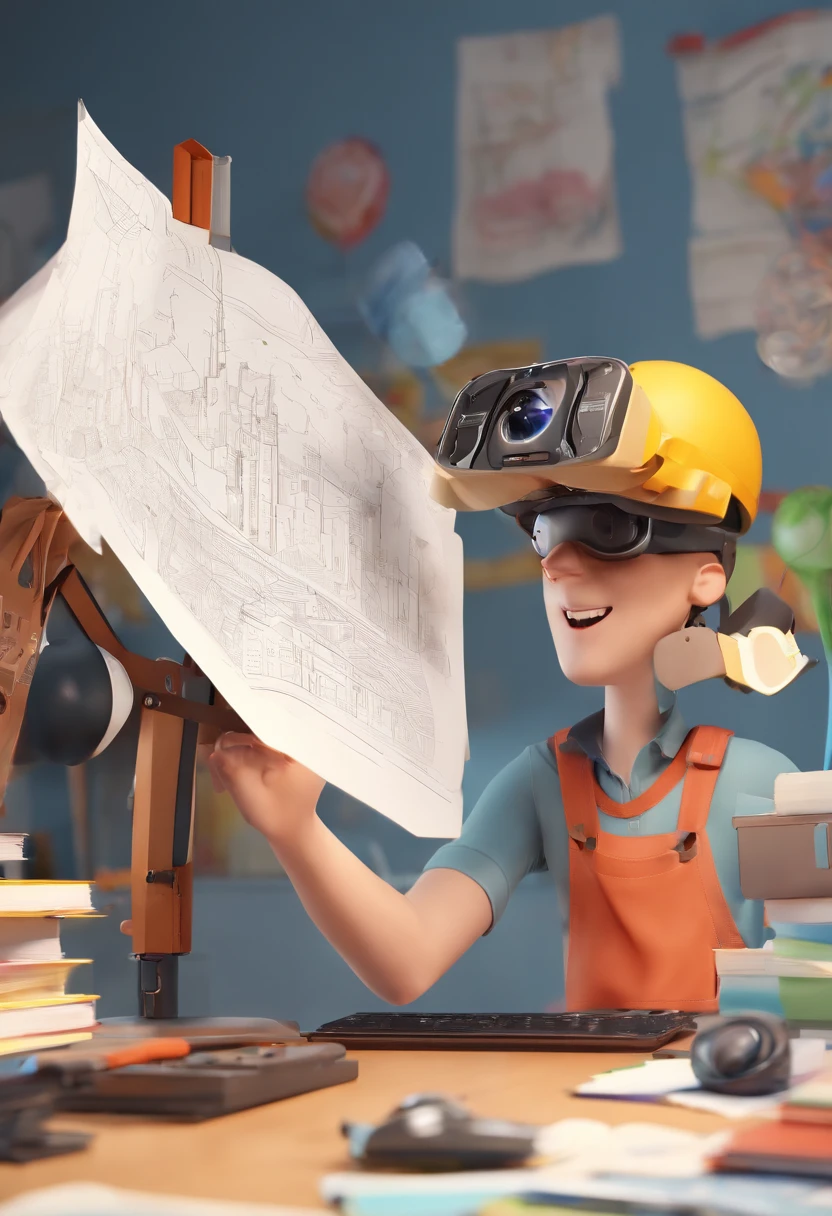 A student with a VR in his hand with a camera flying over his head with a tool for drawing next to him