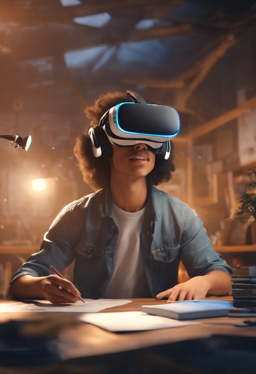 A student with a VR in his hand with a camera flying over his head with a tool for drawing next to him
