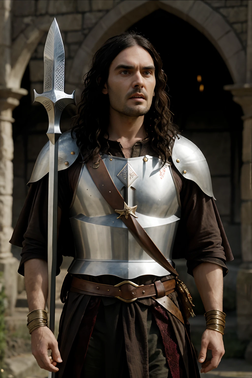 Russell Brand as a knight with an arrow in his chest from The Lord of the Rings, Cinematic lighting, 70mm,