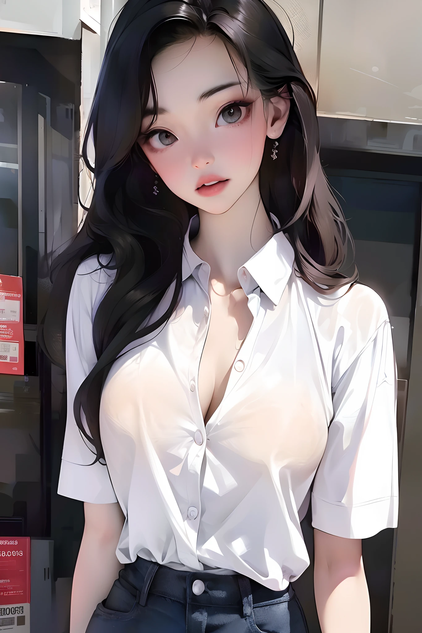 navel, cleavage, (Big chest: 1.2) Features, There is water on the body, Clothes are soaked, ((Ultra mini skirt, Tight body, Public hair is huge, )), White shirt, Tight body, Ultra-thin shirt, (Extra short shirt, heavy rain), Wet clothes, Long hair, Black hair, Wavy hair, Double eyelids, 耳Nipple Ring, No bra, , no underwares, Curved body, Sexy body, Perfect body, ((Realistic lighting, best qualtiy, 8K, tmasterpiece:1.3)), sharp fokus:1.2, 1girll, Beautiful Women with Perfect Figure:1.4, Slim abs:1.1,Ultra-fine face,Fine eyes,二重まぶた,