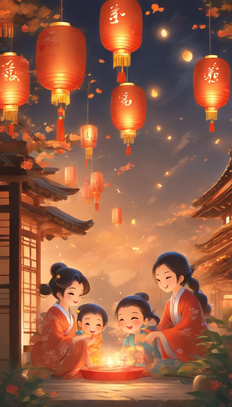 The family sits together, Enjoy a festive dinner, Surrounded by a warm and comfortable atmosphere. The room was beautifully decorated，Equipped with lanterns, Symbolizes the joy of the Mid-Autumn Festival. The table is filled with a variety of delicacies, Includes traditional mooncakes. Moonlight shone through the windows, Cast a soft glow on everyone's face. The family laughed and chatted, Children present gifts to their parents，Express their love and happiness on this special occasion. The artwork is created with the finest materials, Such as oil painting or high-resolution digital rendering, Ensure the highest quality and detail. The colors are vivid and vibrant, Create visually stunning representations for holiday celebrations. Well-designed lighting, Focus on capturing the warm and tranquil atmosphere of the evening. The artwork is a masterpiece, With ultra-fine elements and realism, Photorealistic style. The moon in the night sky is depicted as a perfect circle, Represents the full moon of the Mid-Autumn Festival. The scene was full of fun, Love, and togetherness, Capture the essence of the festival.You can see the round moon hanging high