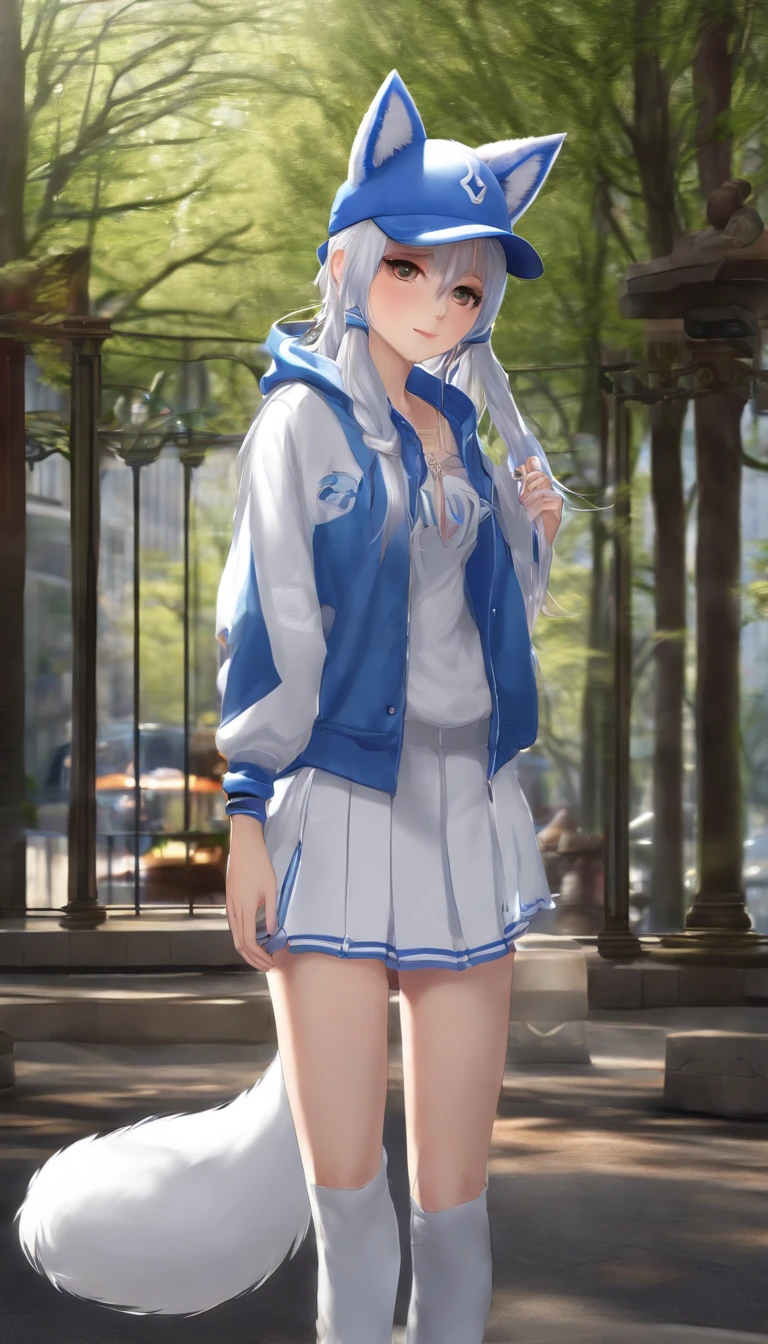 1girl ultra REALISTIC teenage, (animal ears), straight-on, full body, looking at viewer, hair between eyes, hair ornament, multicolored hair, twin braids, fox tail, (multiple tails:1.3), badge, bangs, (blue baseball cap:1.2), clothes writing, white clothes, hood, hood down, standing, long sleeves, closed mouth, (blue skirt:1.05), solo, (light blush:0.9), bare tree, building, city, cityscape, day, outdoors, street, tokyo (city), tree
