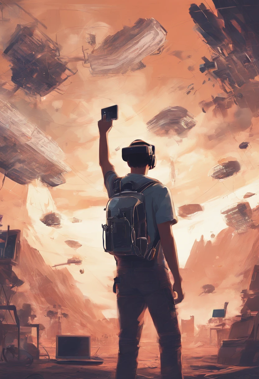 A student with a VR in his hand with a camera flying over his head with a tool for drawing next to him