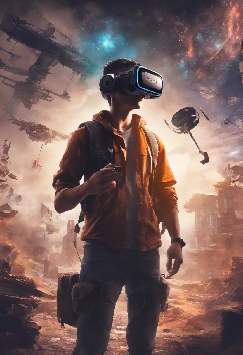 A student with a VR in his hand with a camera flying over his head with a tool for drawing next to him