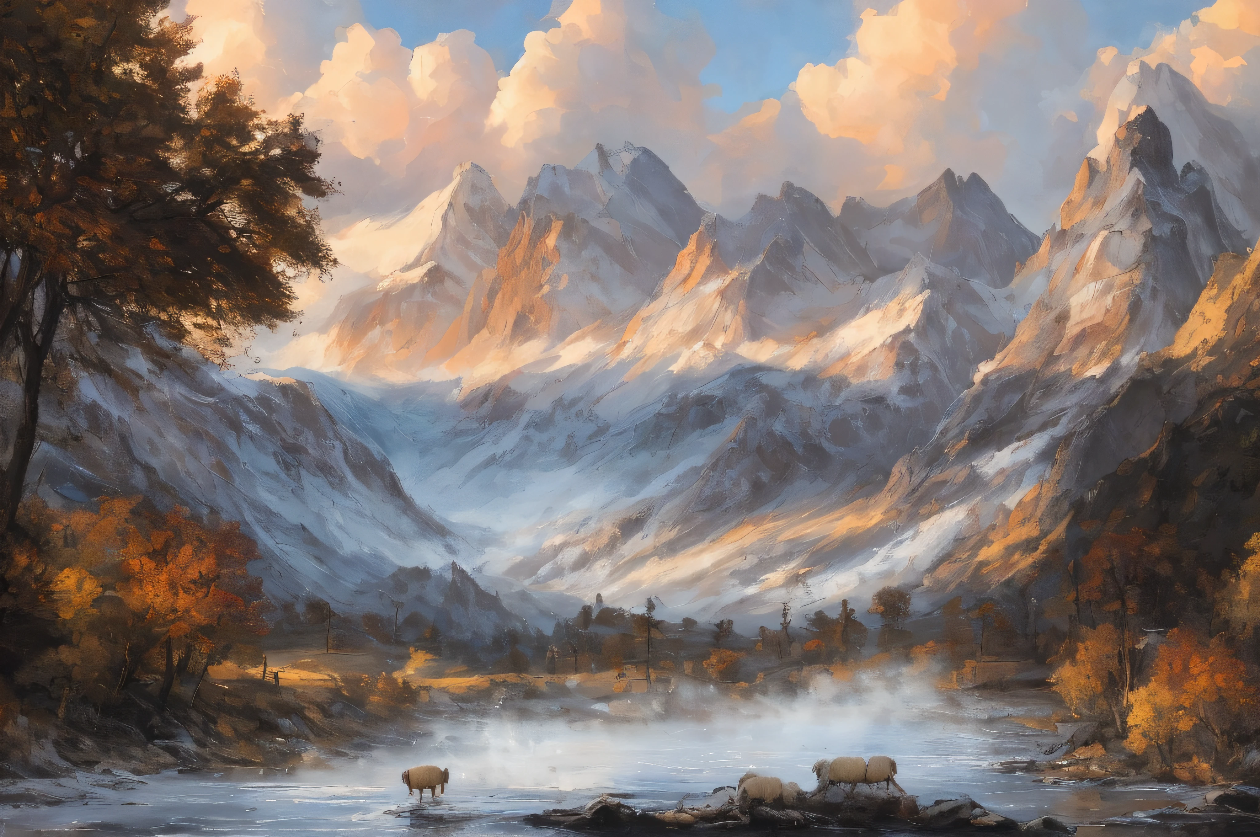 samdoesarts style. physical palette knife painting, thick Oil paint, stunning landscape, vast scale, soft colors, muted contrast, extremely detailed and intricate, shepherd with sheep, Romanian mountains, God rays, sharp focus
